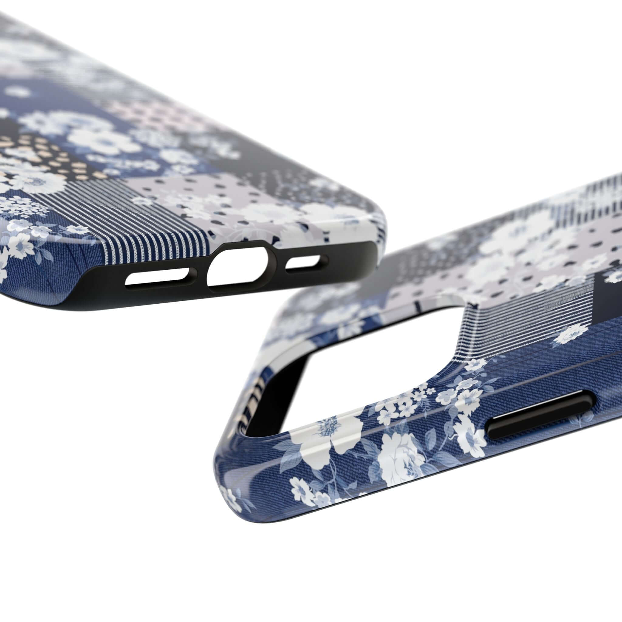 Blue floral patchwork phone case for iPhone and Samsung, featuring a cute sorority book club design.