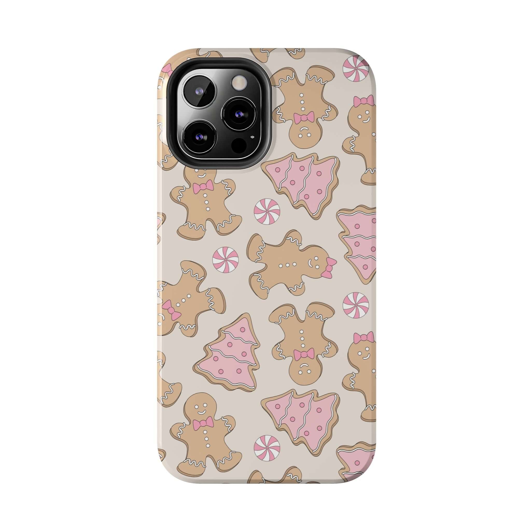 Cute Christmas Gingerbread Girlie iPhone case with festive holiday pattern, colorful phone cover for seasonal cheer.