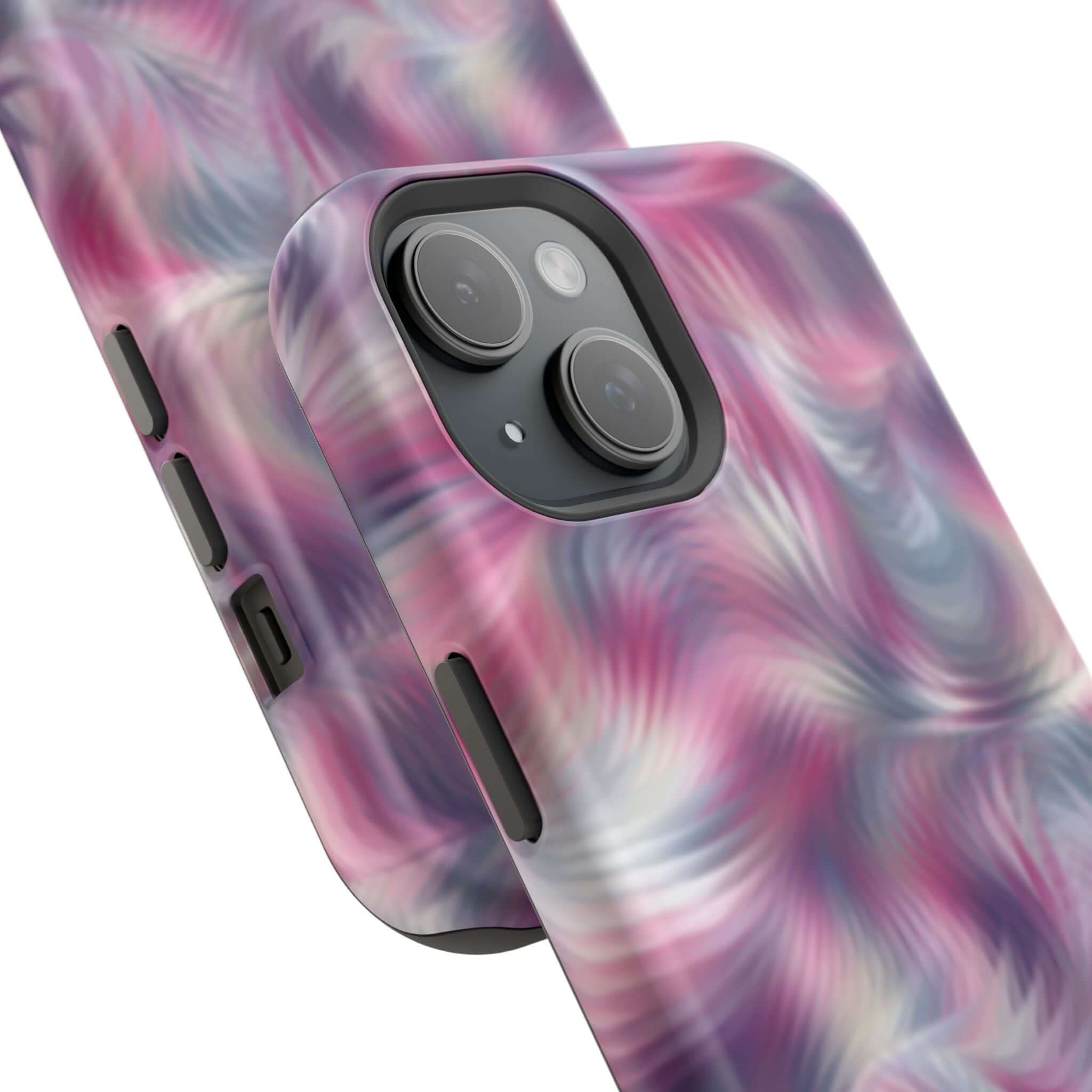 Purple abstract MagSafe iPhone case with tie dye swirl design, showcasing a cute and quirky phone cover for playful personalities.