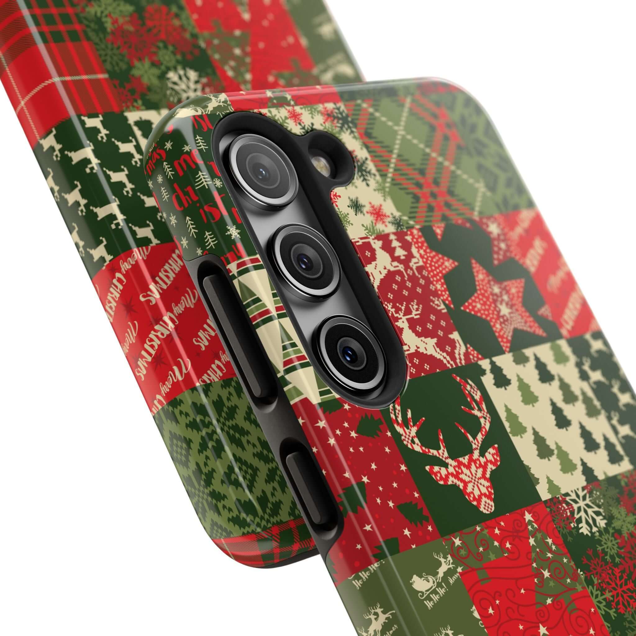 Festive green holiday phone case with Christmas trees, Santa, snowflakes, and more. Cute and custom iPhone case design.