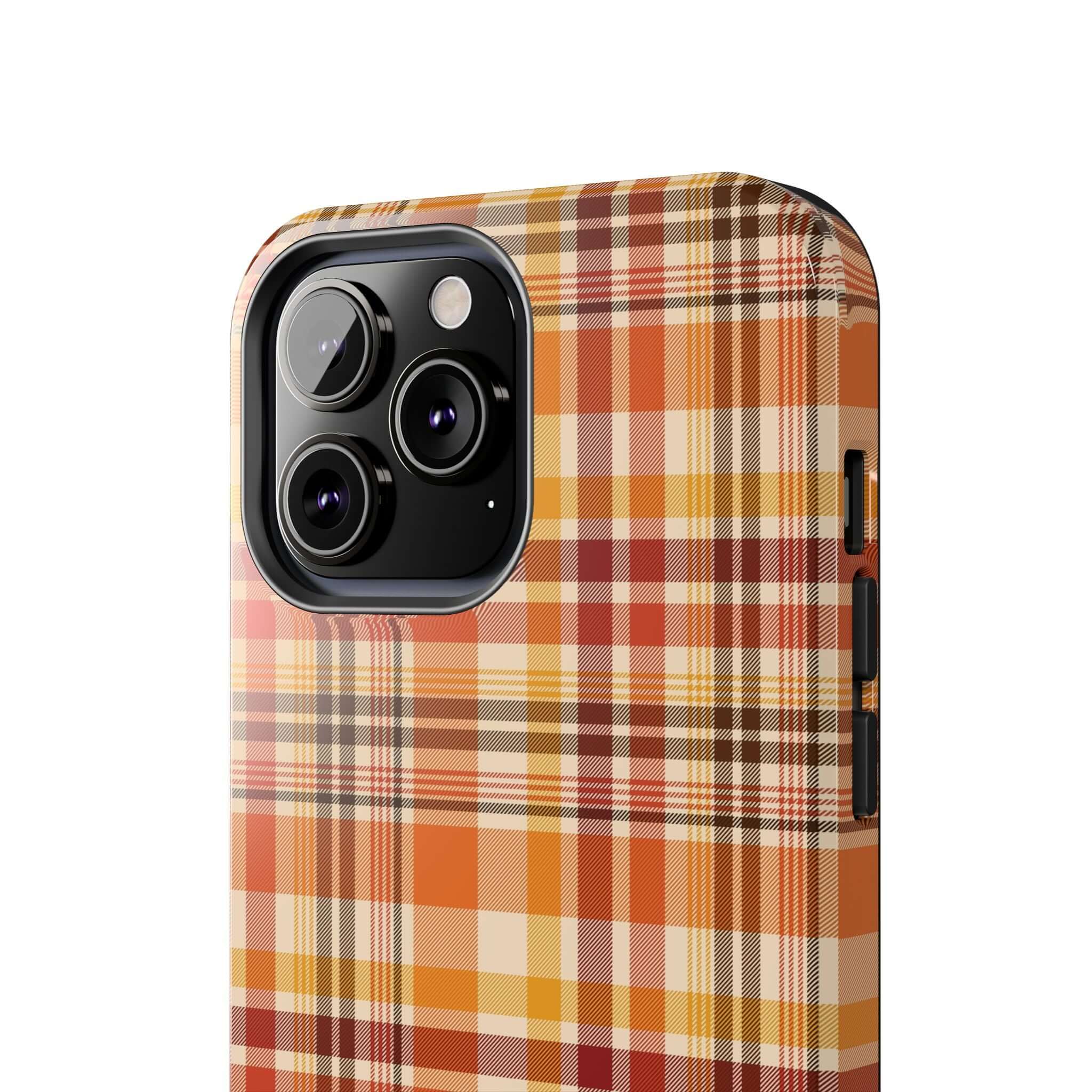 Autumn Air plaid phone case with fall colors, ideal cute and protective iPhone case for the autumn season. Perfect Halloween phone case