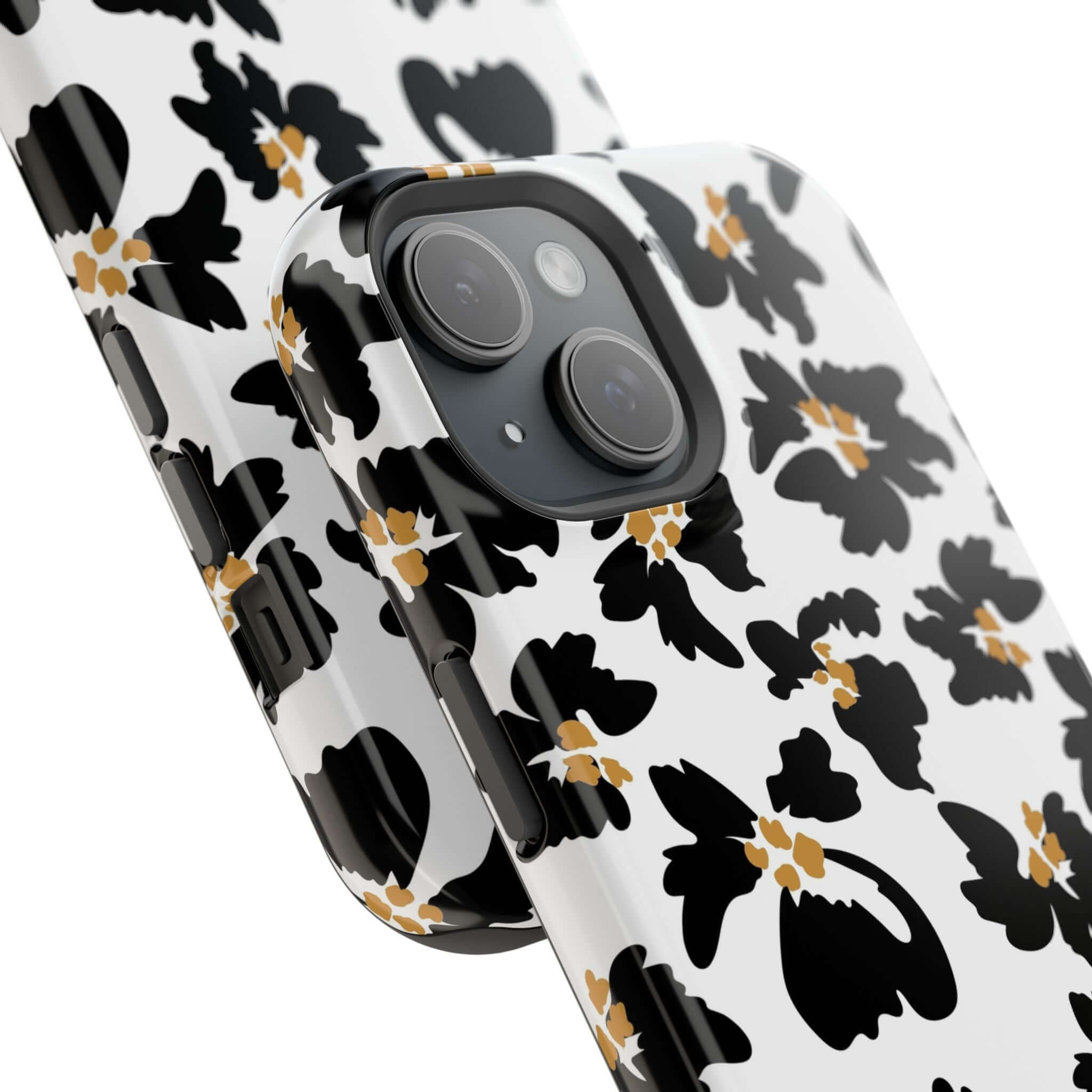 Noir Flora Black Floral Case, Modern Phone Case with Cute Animal Print, Protective MagSafe iPhone Cover, Stylish and Trendy Design