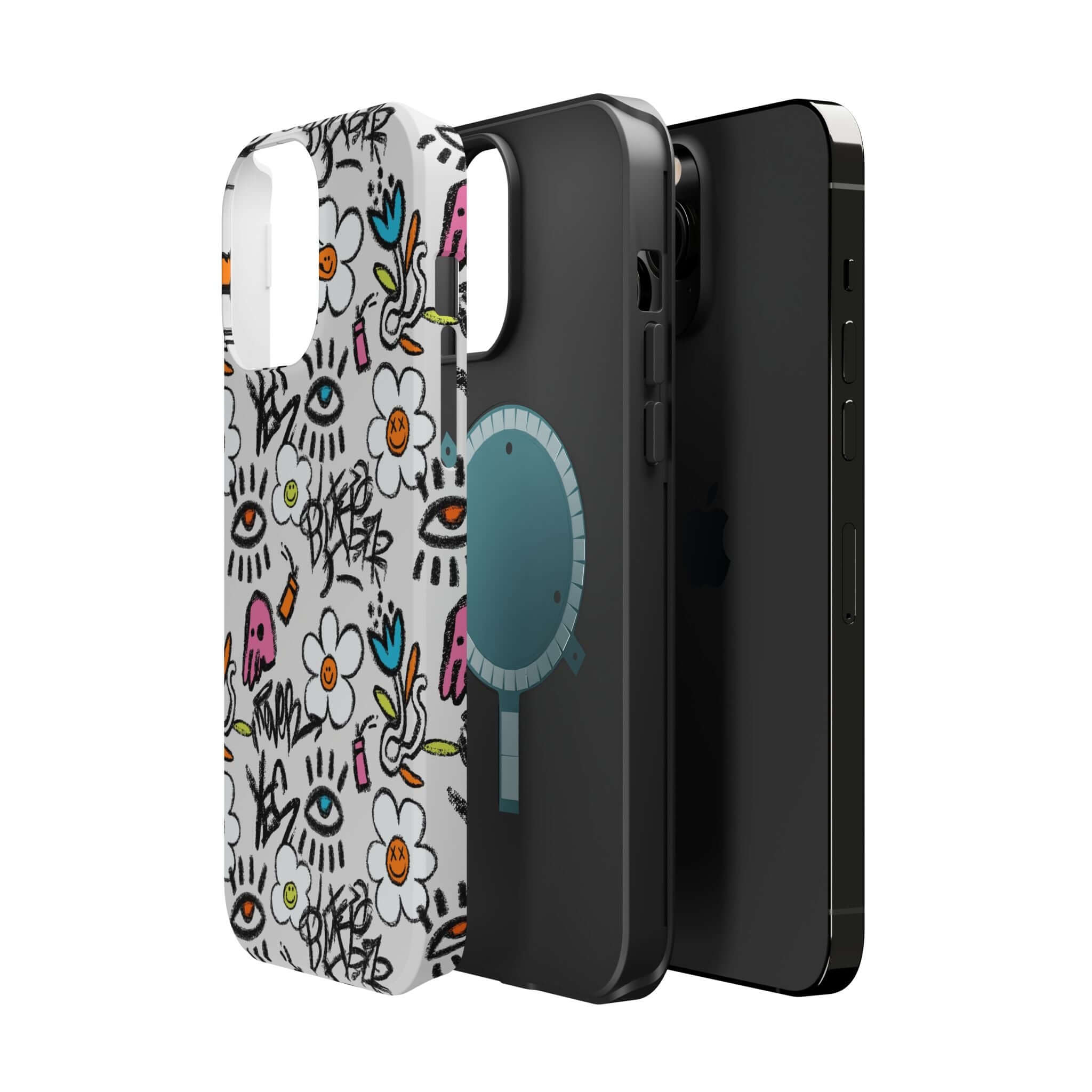 Happy Chaos floral graffiti phone case showing vibrant designs, perfect cute phone cover for iPhones with MagSafe technology.