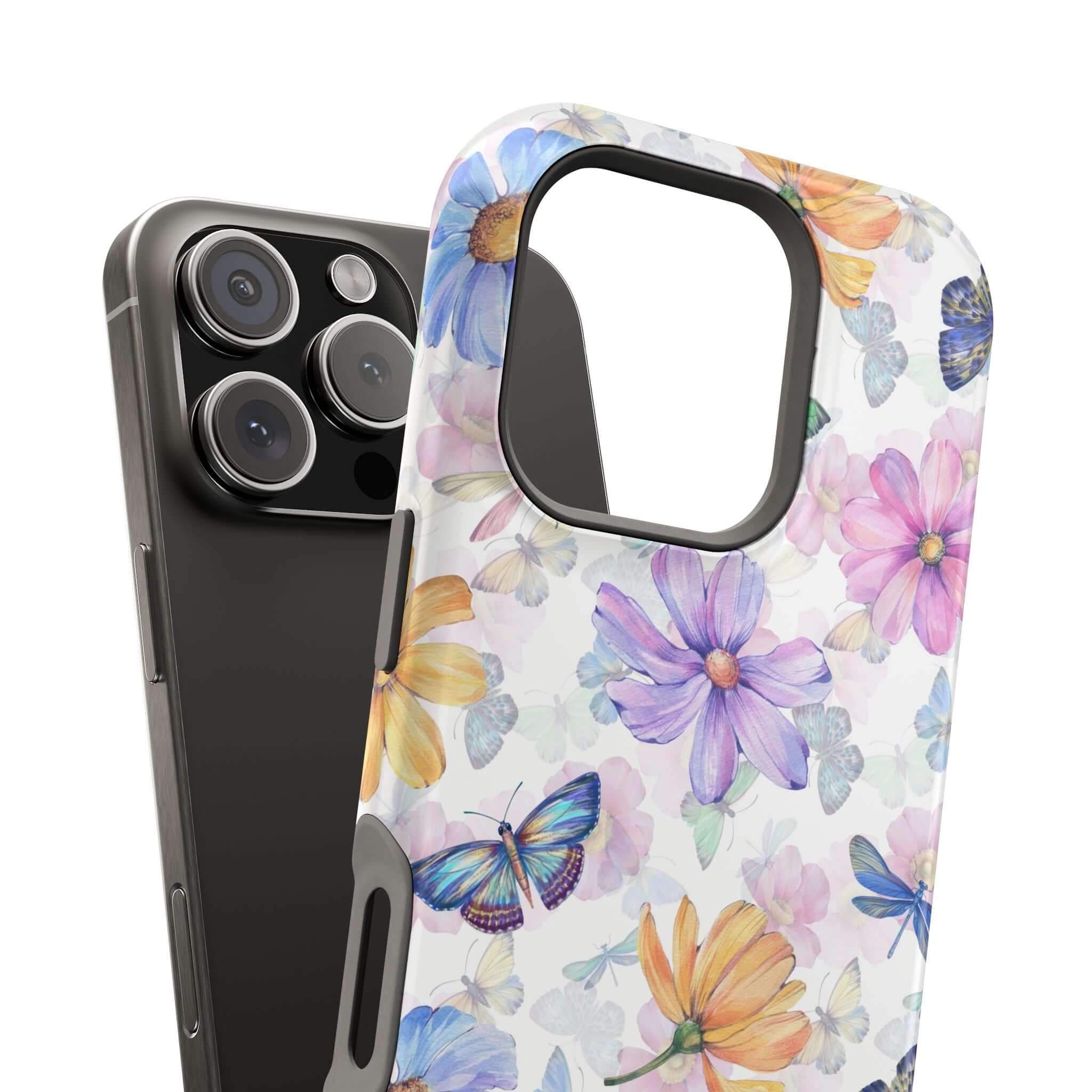 Fluttering Blooms MagSafe compatible Watercolor Butterfly iPhone 16 Case revealing a cute and protective design.