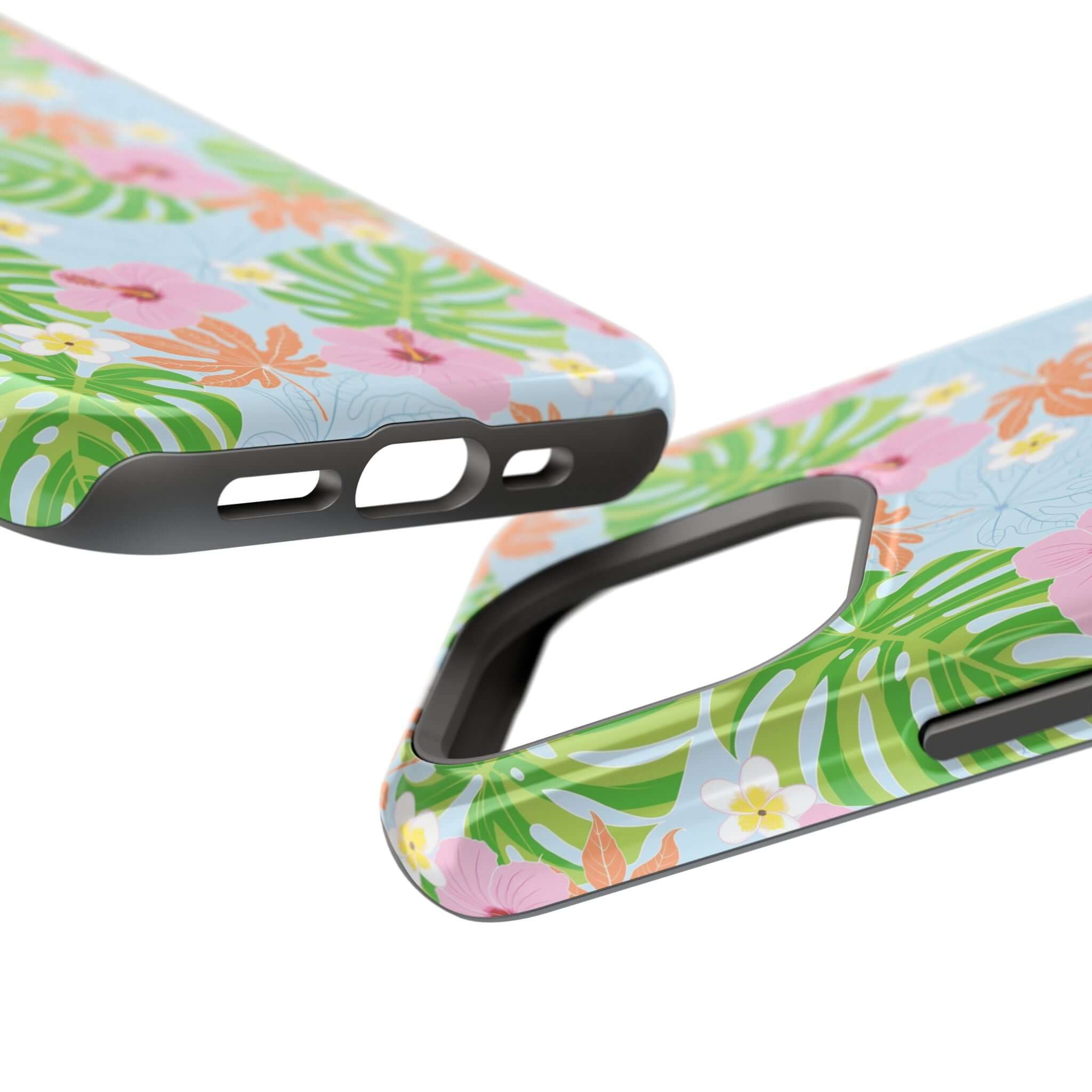 Island Hibiscus MagSafe iPhone case with colorful tropical floral design for iPhone 14 Pro, showing protective cut-out details.