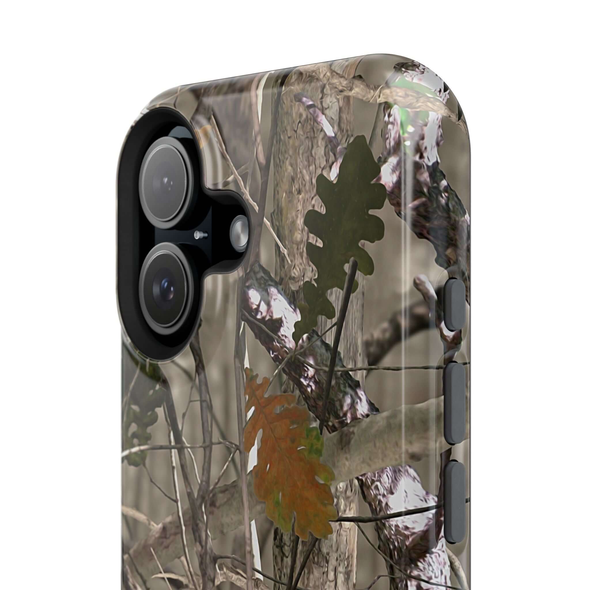 Forest camo phone case with animal print, compatible with MagSafe; modern and cute design for iPhone protection.