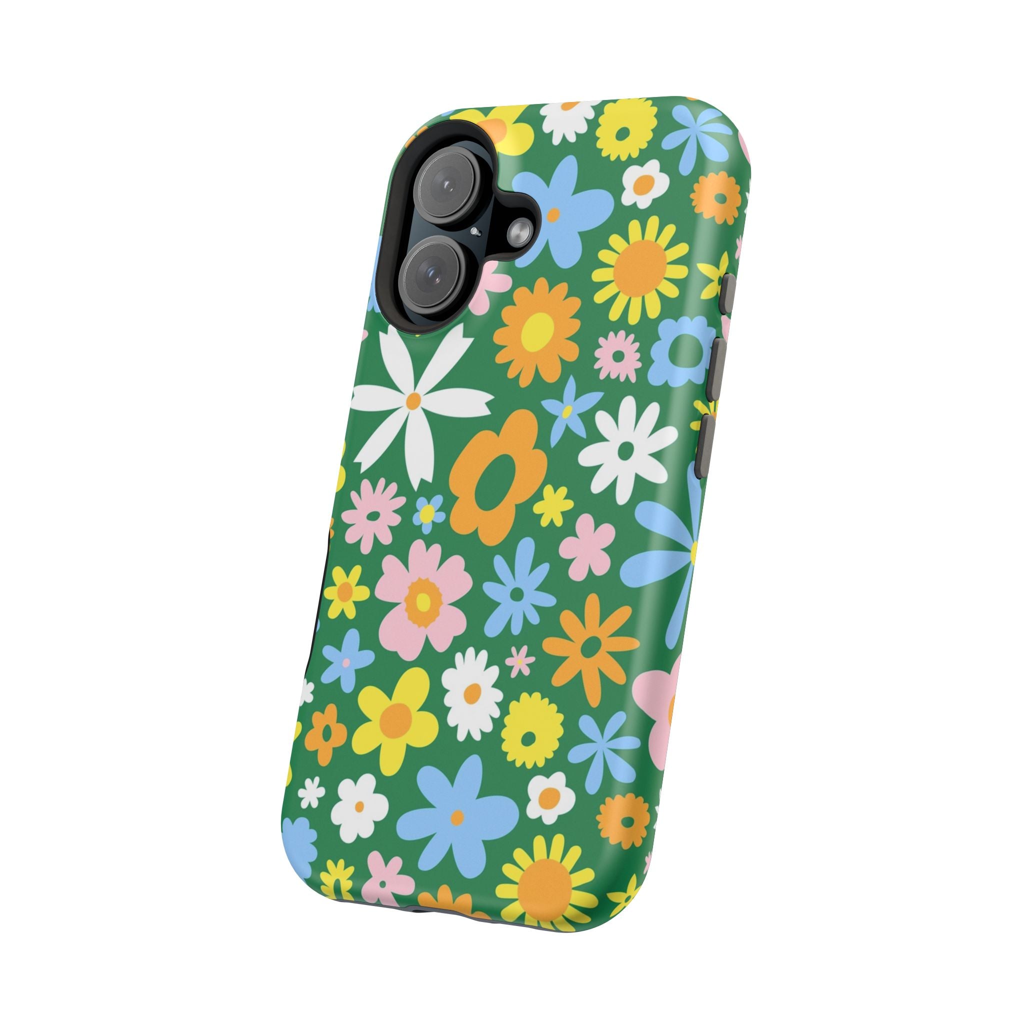 Vibrant hippie floral MagSafe iPhone case with colorful flower design on green background, cute phone cover for a quirky style.