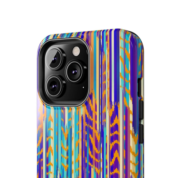 Colorful Trippy Weaver iPhone case with abstract tie dye design, showcasing vibrant blue, orange, and purple patterns.