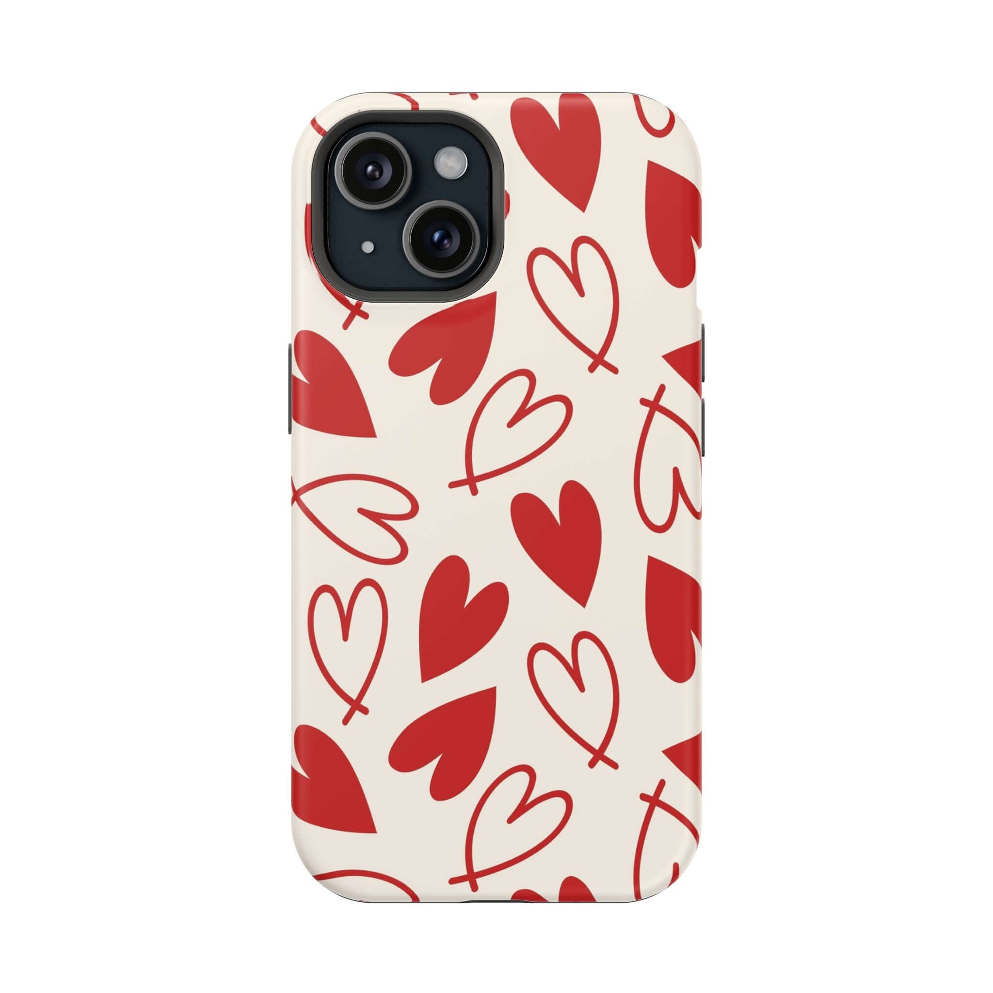 Cute red hearts phone case for iPhone, playful design showing love and style, Be Mine collection, protective and quirky cover