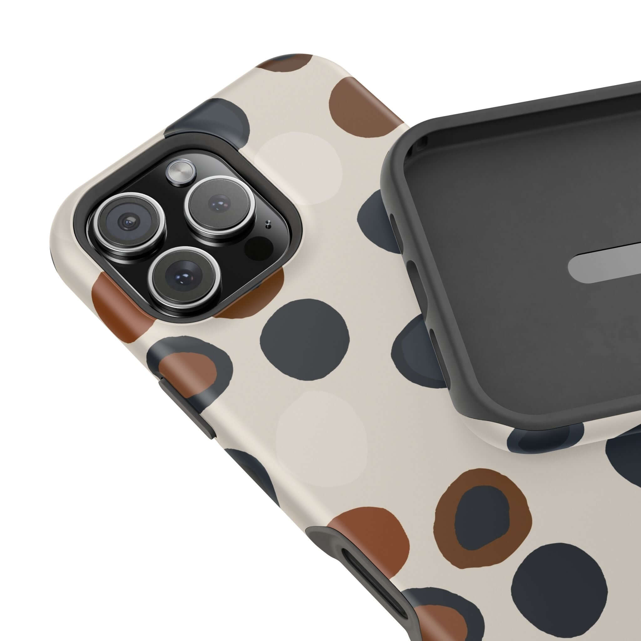 Colorful iPhone case with modern brown spots, cute and abstract design for the Chic Wanderer, perfect for fashion-forward adventurers.