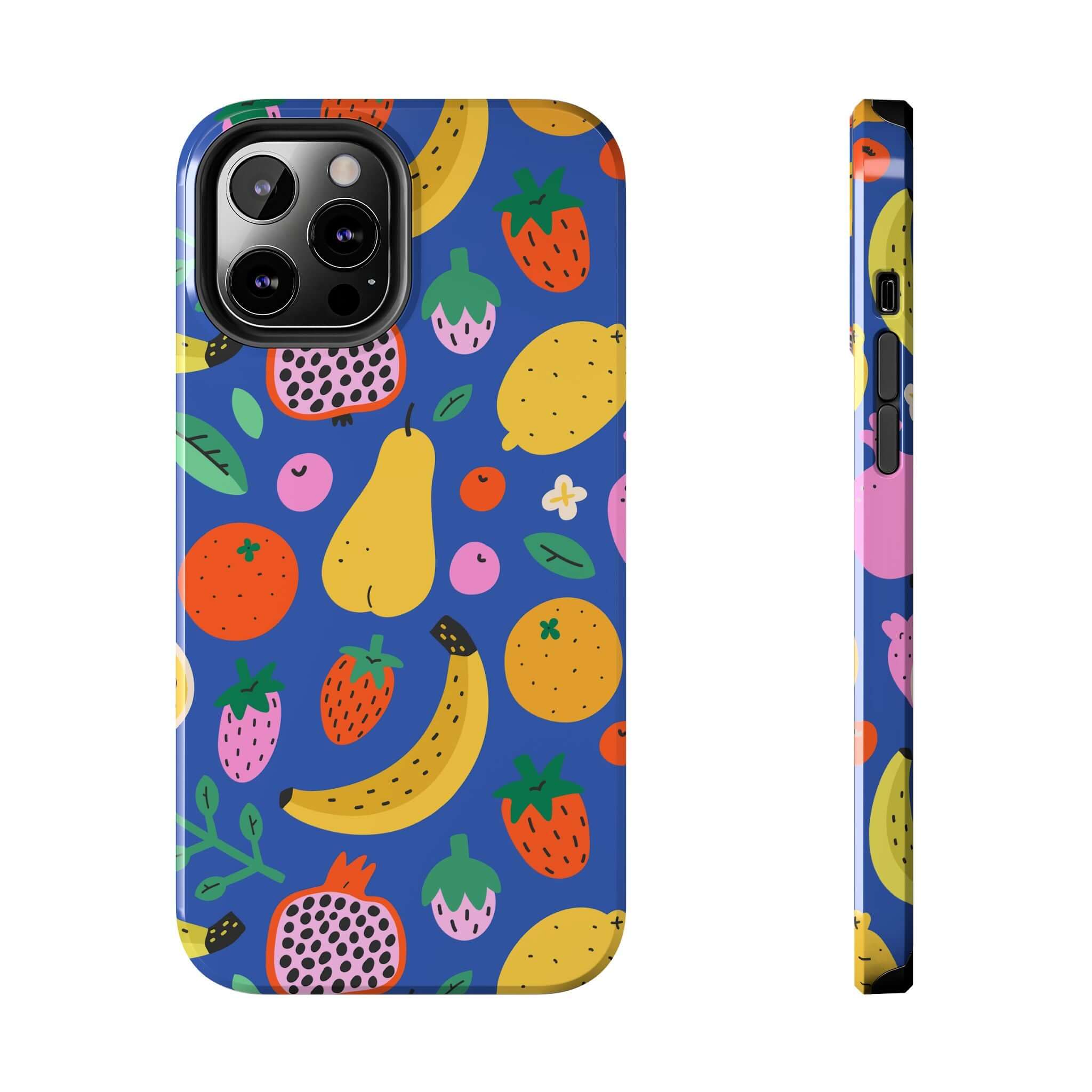 Cute phone cover featuring a vibrant fruit design on a blue background, perfect for Apple iPhone protection.