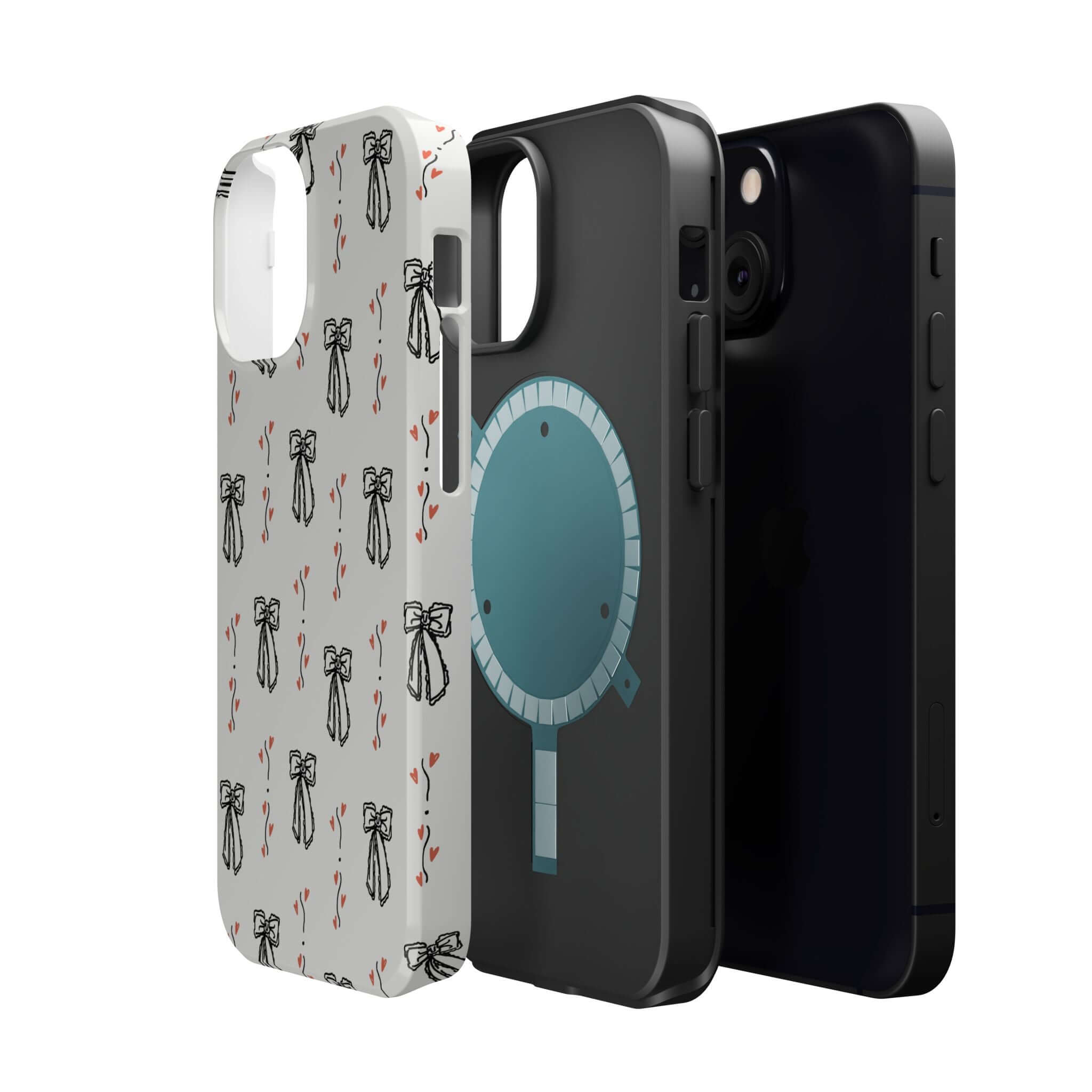 Vintage Coquette iPhone 16 case with cute black bow design, stylish and charming phone case for fashion-forward individuals.