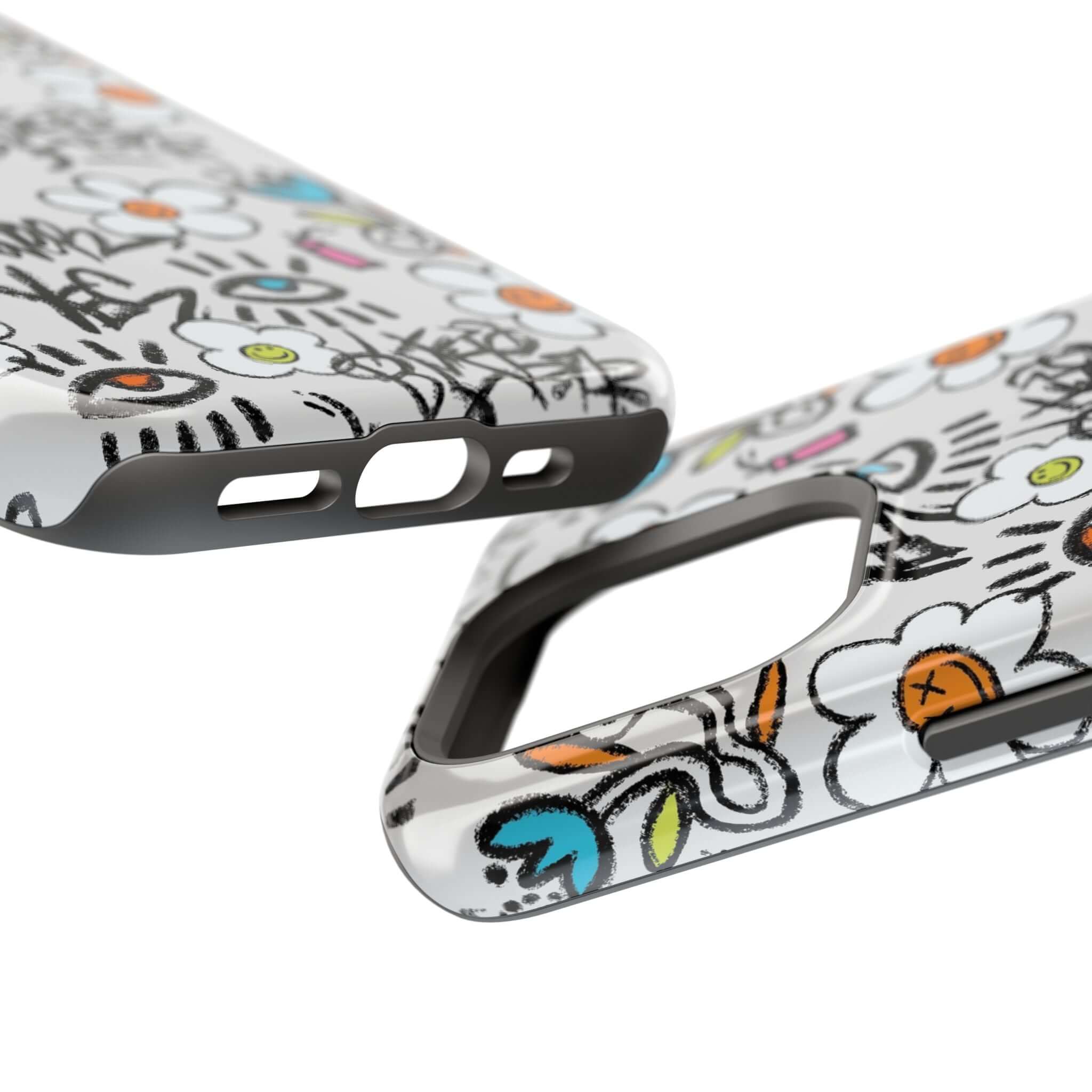 Close-up of the Happy Chaos Floral Graffiti Case, showcasing its cute design and vibrant colors for iPhone protection.