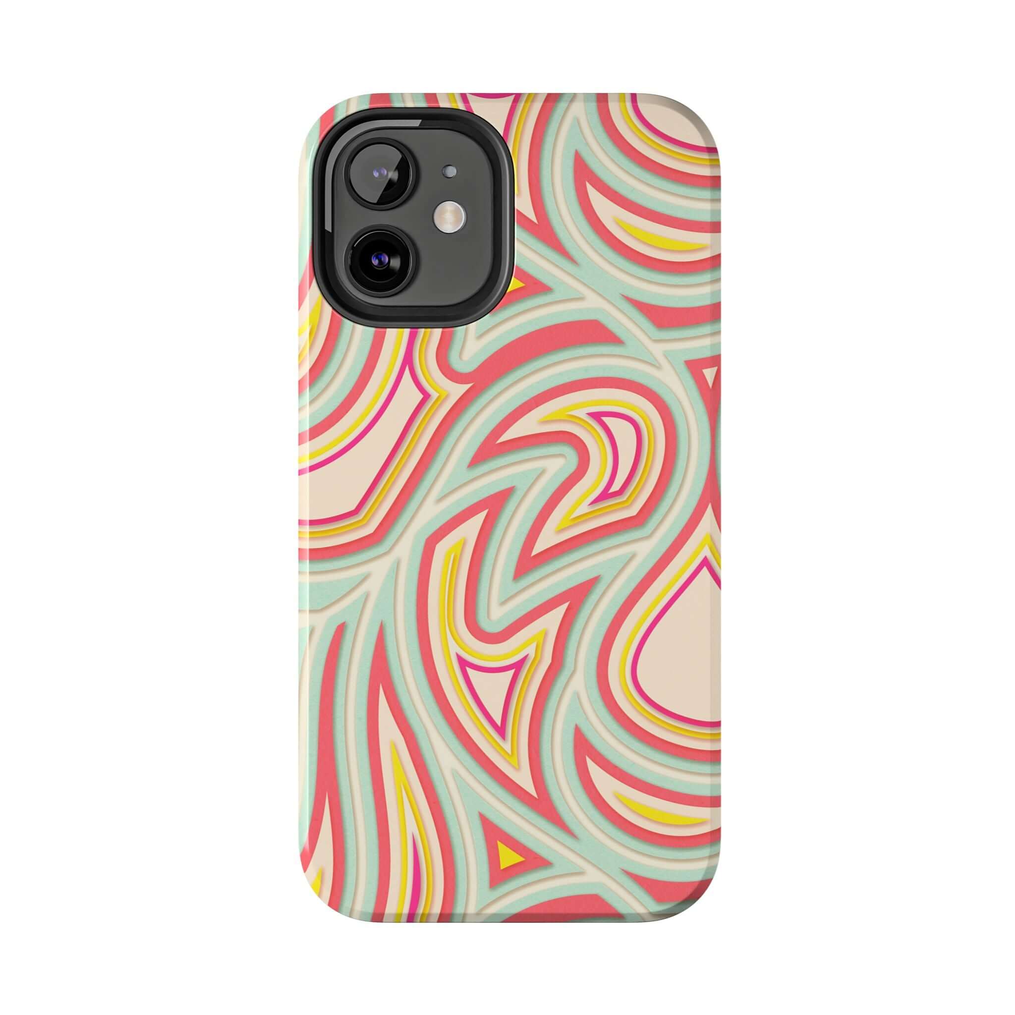 Colorful retro abstract iPhone case with groovy waves and flower patterns, a cute phone cover available for Samsung and other phones.