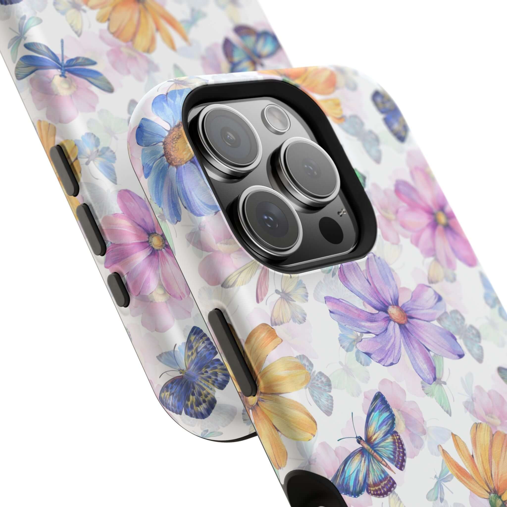 Cute MagSafe iPhone 16 case with watercolor butterfly and floral design, Fluttering Blooms, protective and stylish phone case.