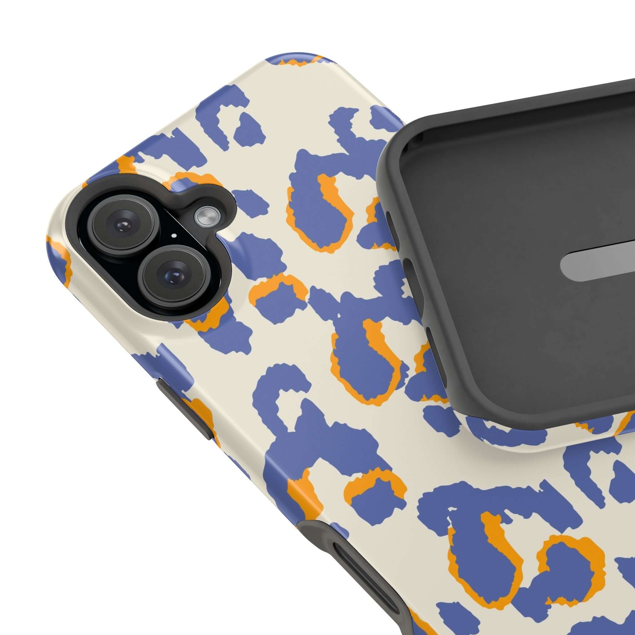 Colorful iPhone Case featuring blue leopard print design, Safari Blaze MagSafe case for a cute and stylish phone appearance.