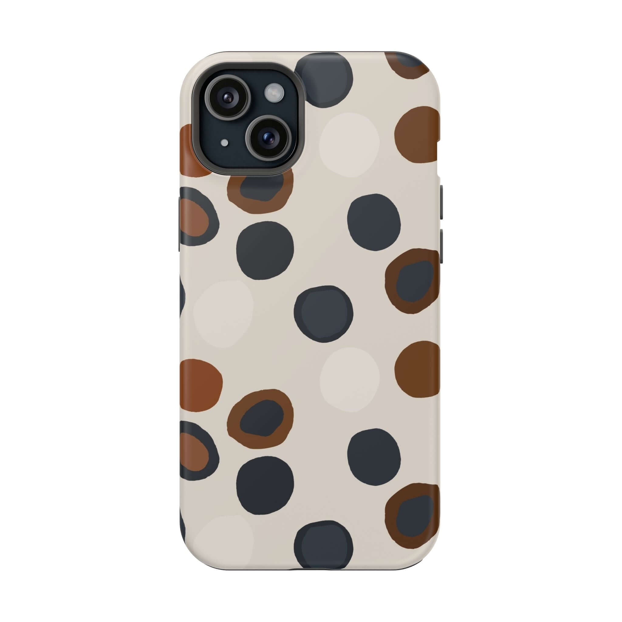 Chic Wanderer Modern Spots MagSafe iPhone Case with brown and black abstract dots, cute and colorful design for fashion-forward adventurers.