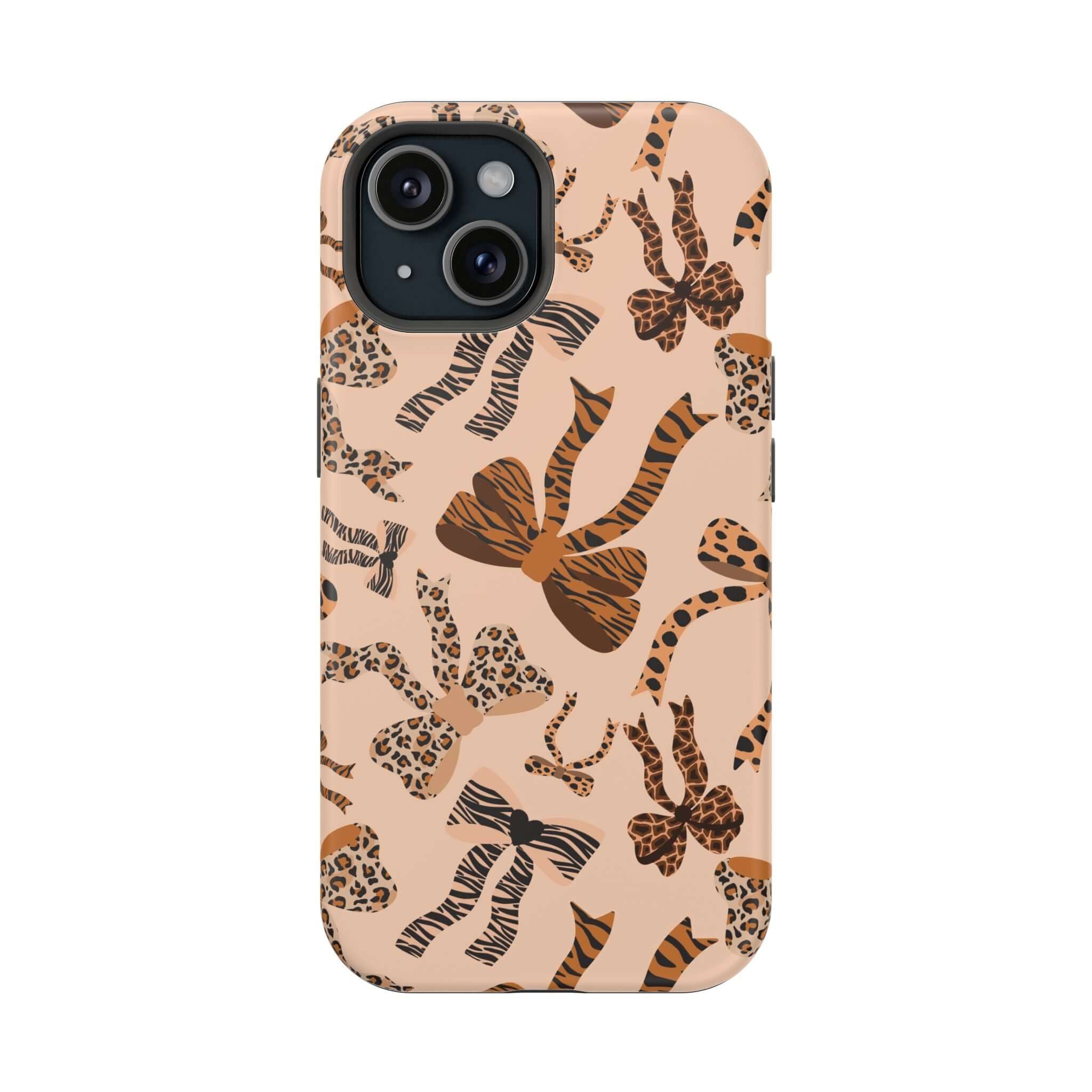 Colorful iPhone case with leopard bows, Safari Coquette design, cute and abstract phone accessory.