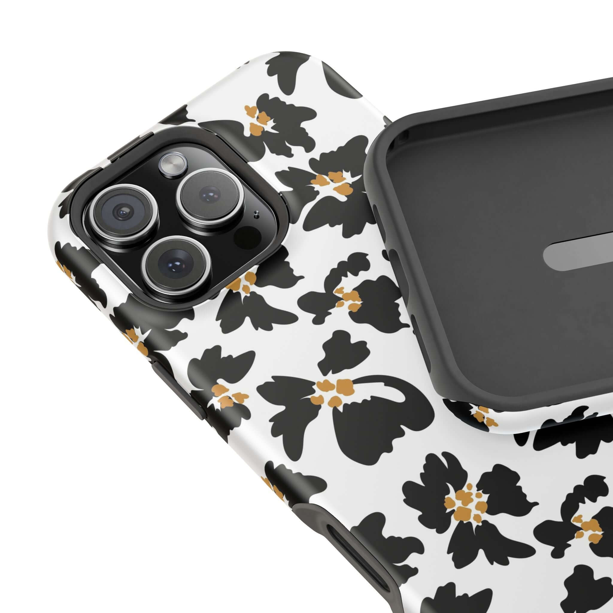 Modern Noir Flora black floral iPhone case with animal print, featuring cute MagSafe design for fashion-forward phone protection.