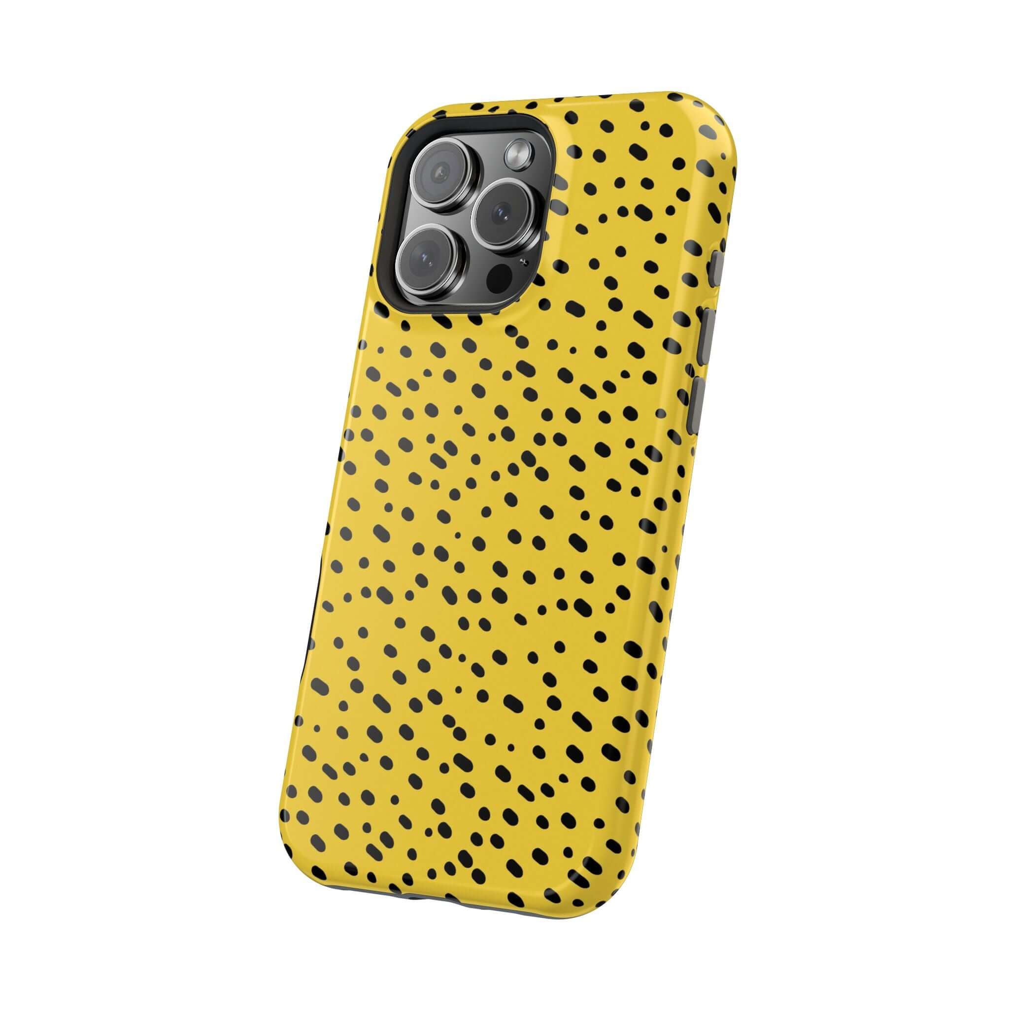 Yellow Cheetah Abstract iPhone Case with Black Spots, Cute and Colorful MagSafe-Compatible Phone Cover.