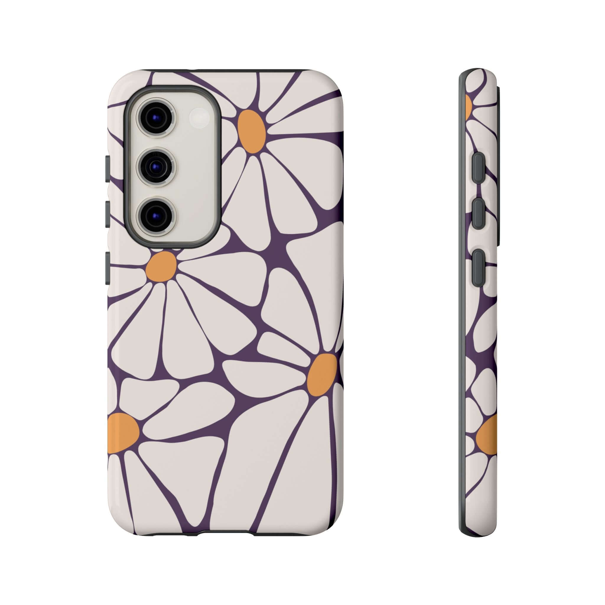 Cute retro flower phone case for Samsung with purple and orange daisy design. Groovy accessory offering protection and style.