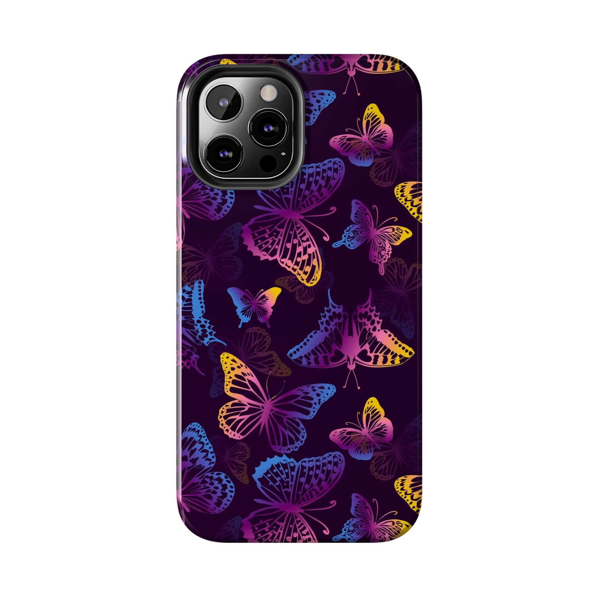 Black butterfly MagSafe iPhone case with colorful floral design, perfect cute phone cover for butterfly lovers. Bold and stylish!