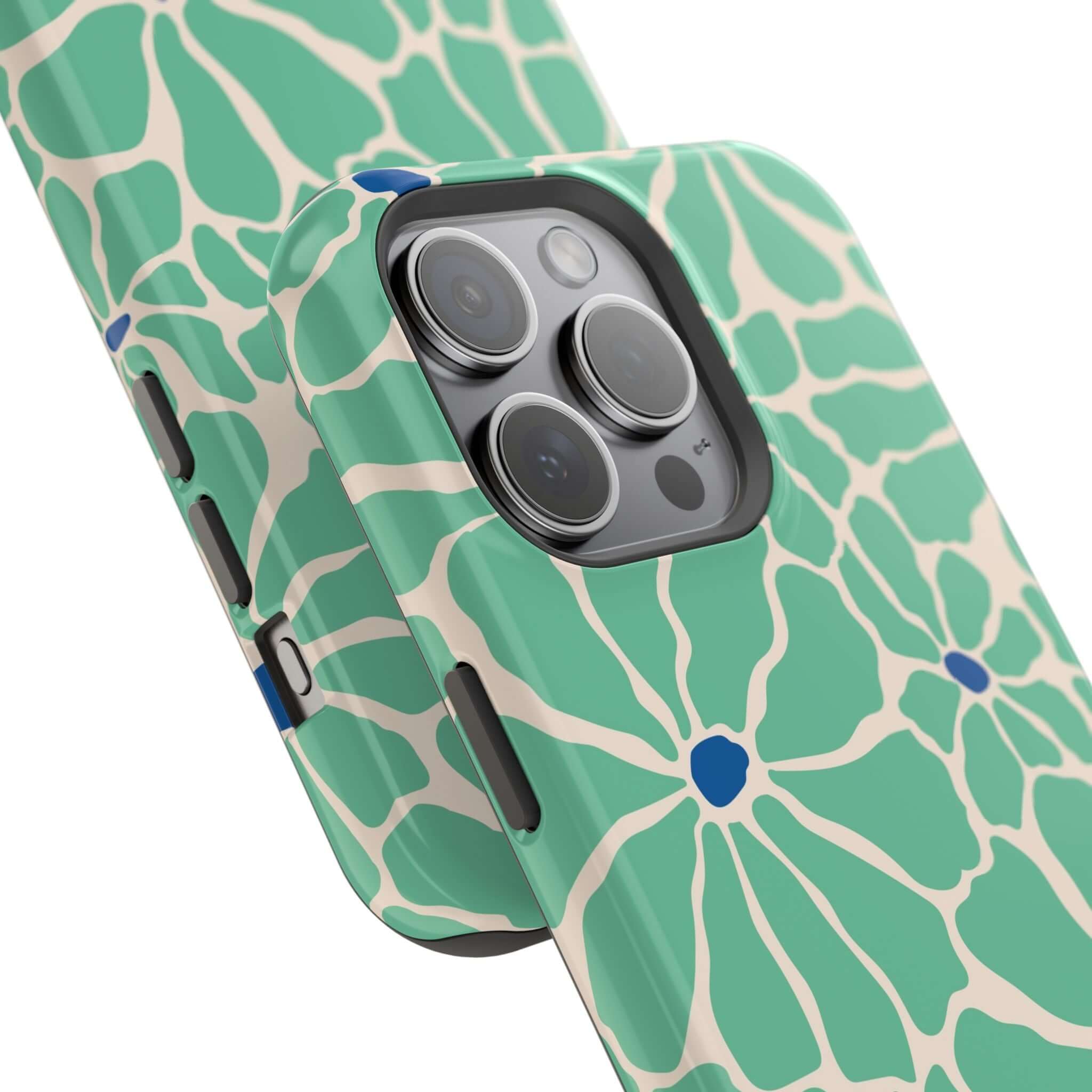 Cute Retro Floral Apple iPhone Case with tropical green design and MagSafe compatibility for stylish phone protection.