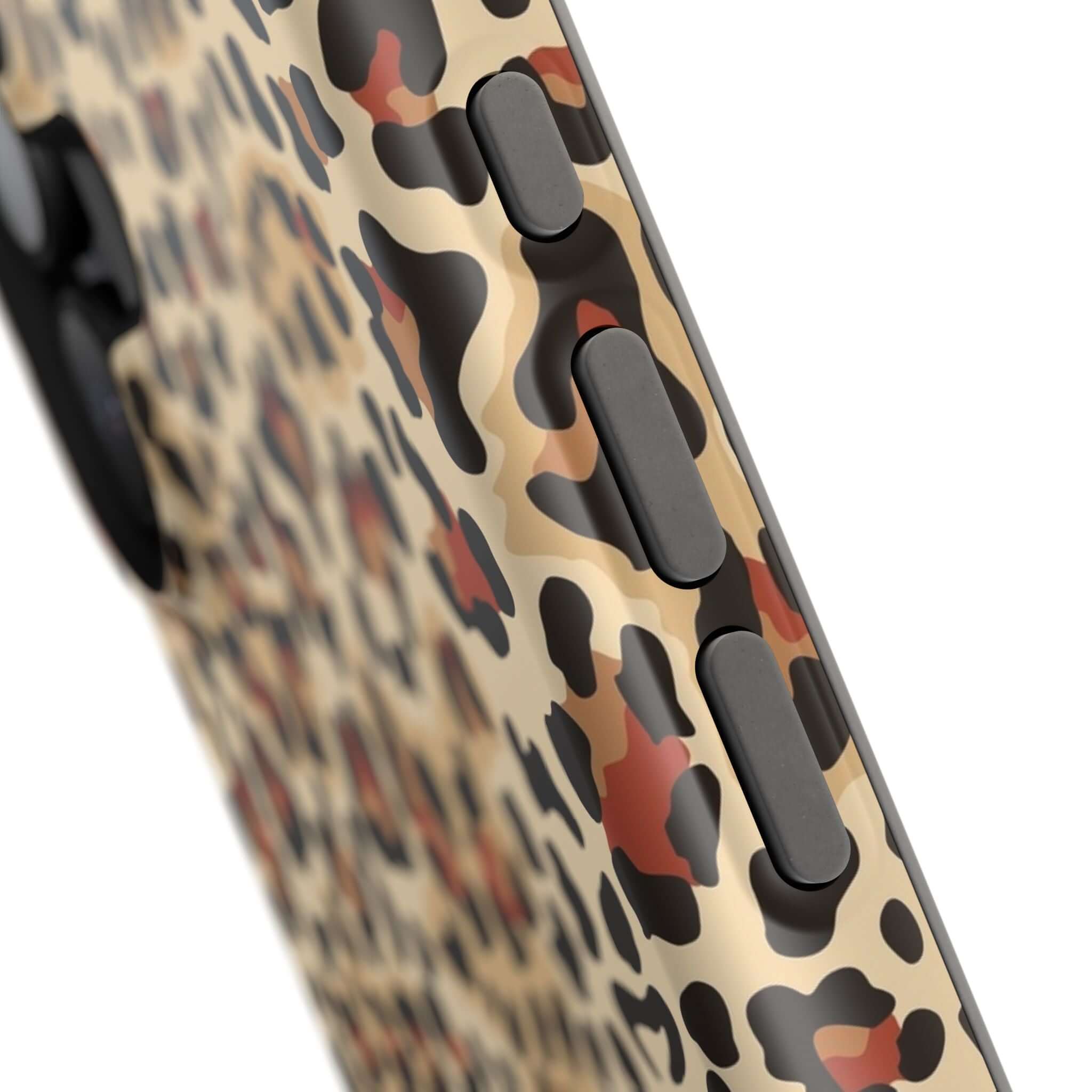 Leopard print colorful iPhone case in abstract design, showcasing durable buttons and stylish MagSafe compatibility.