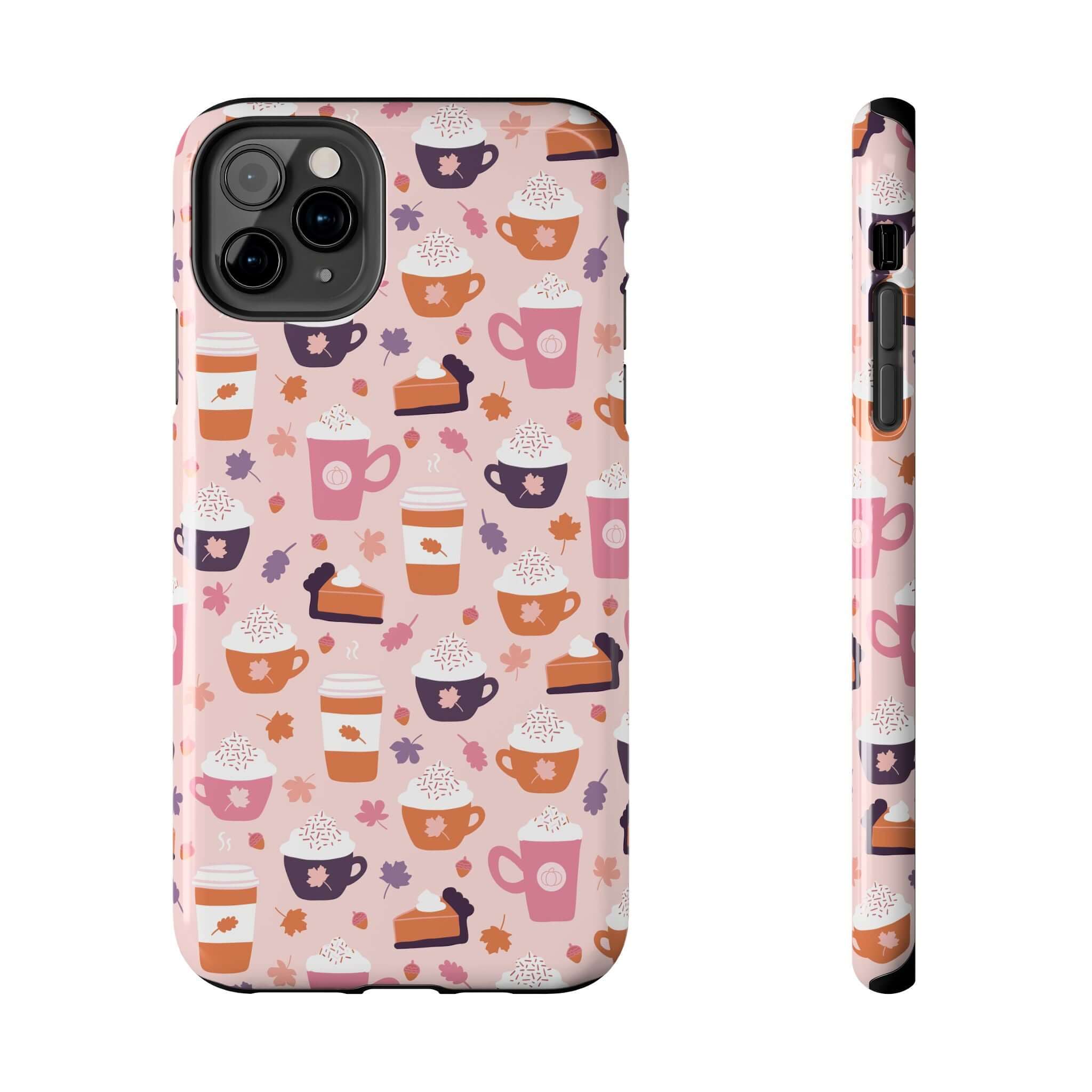 Cute PSL Vibes iPhone 15 case with fall-themed design of pumpkin spice drinks, designed for pumpkin spice lovers looking for a stylish phone case.