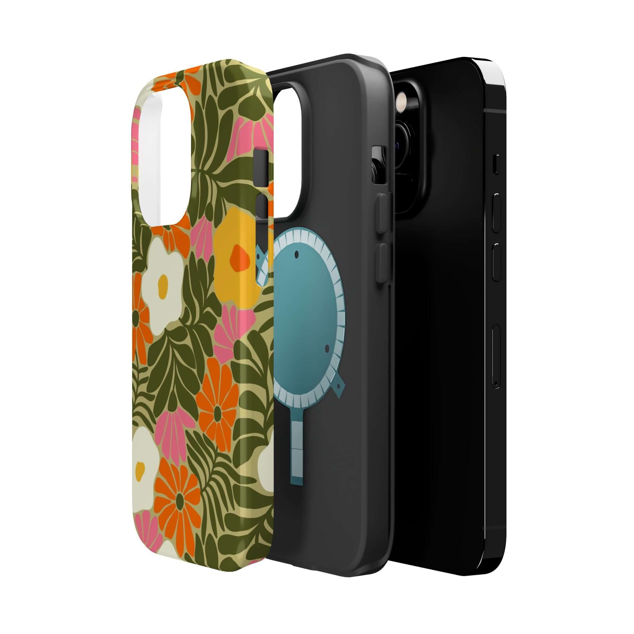 Retro floral and playful phone cases for Apple iPhone, showcasing cute designs and MagSafe compatibility.