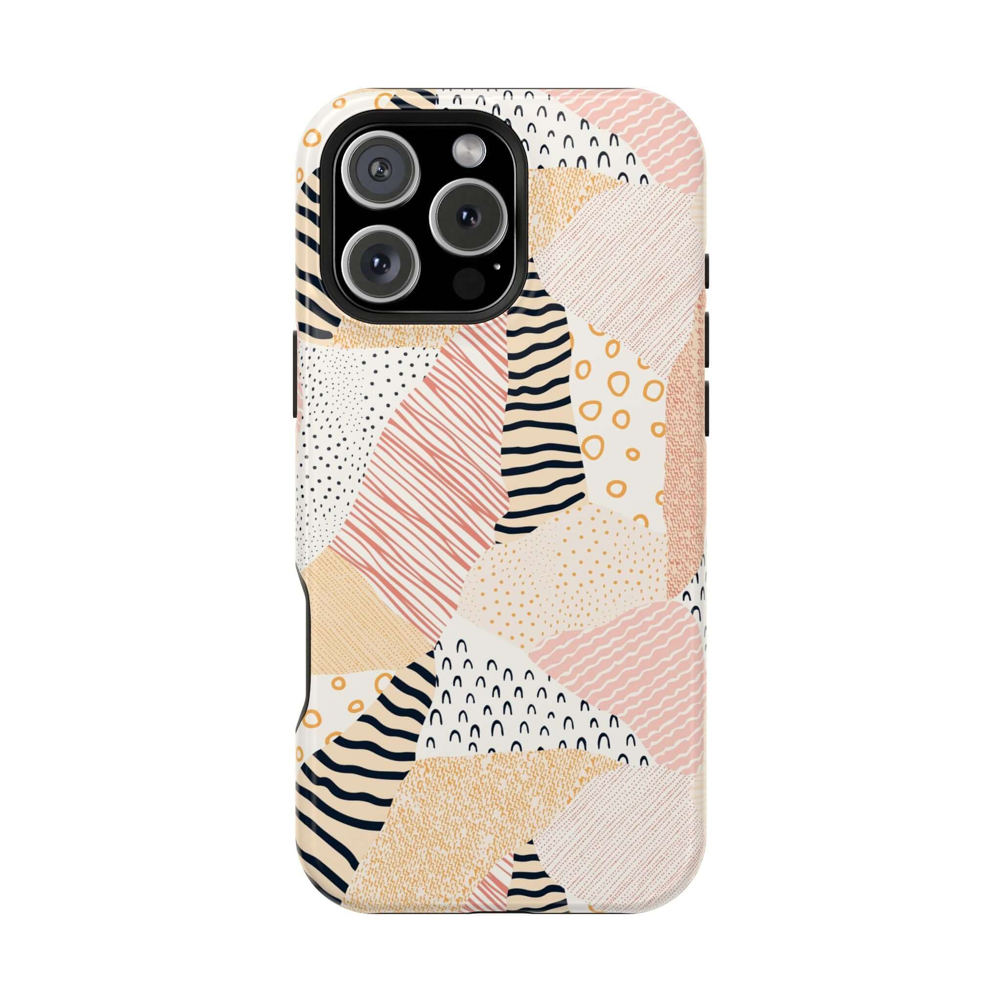 Pastel Patch colorful patchwork case for iPhone 16, featuring vibrant peach and yellow patterns. Cute phone case for a fun style.