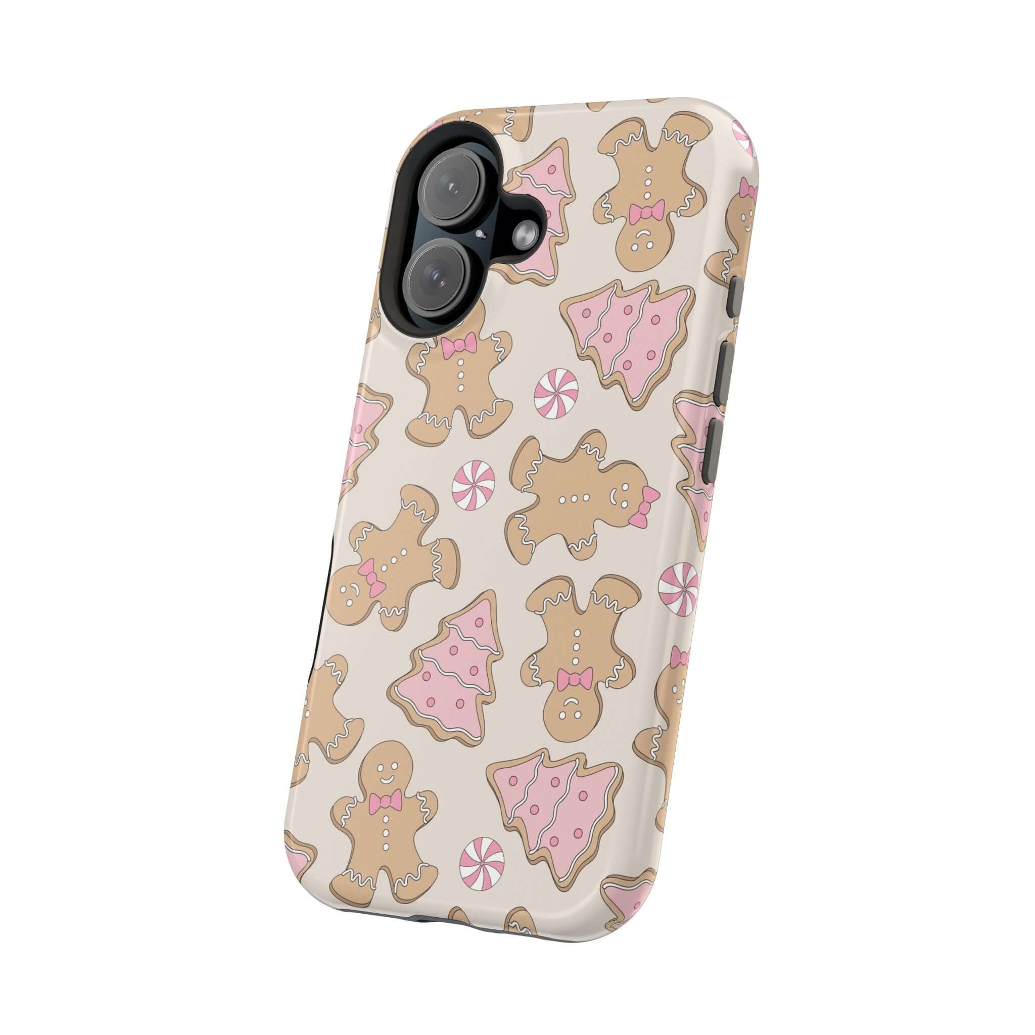 Festive Christmas phone case with gingerbread man design for MagSafe. Cute holiday cover perfect for adding Xmas cheer.