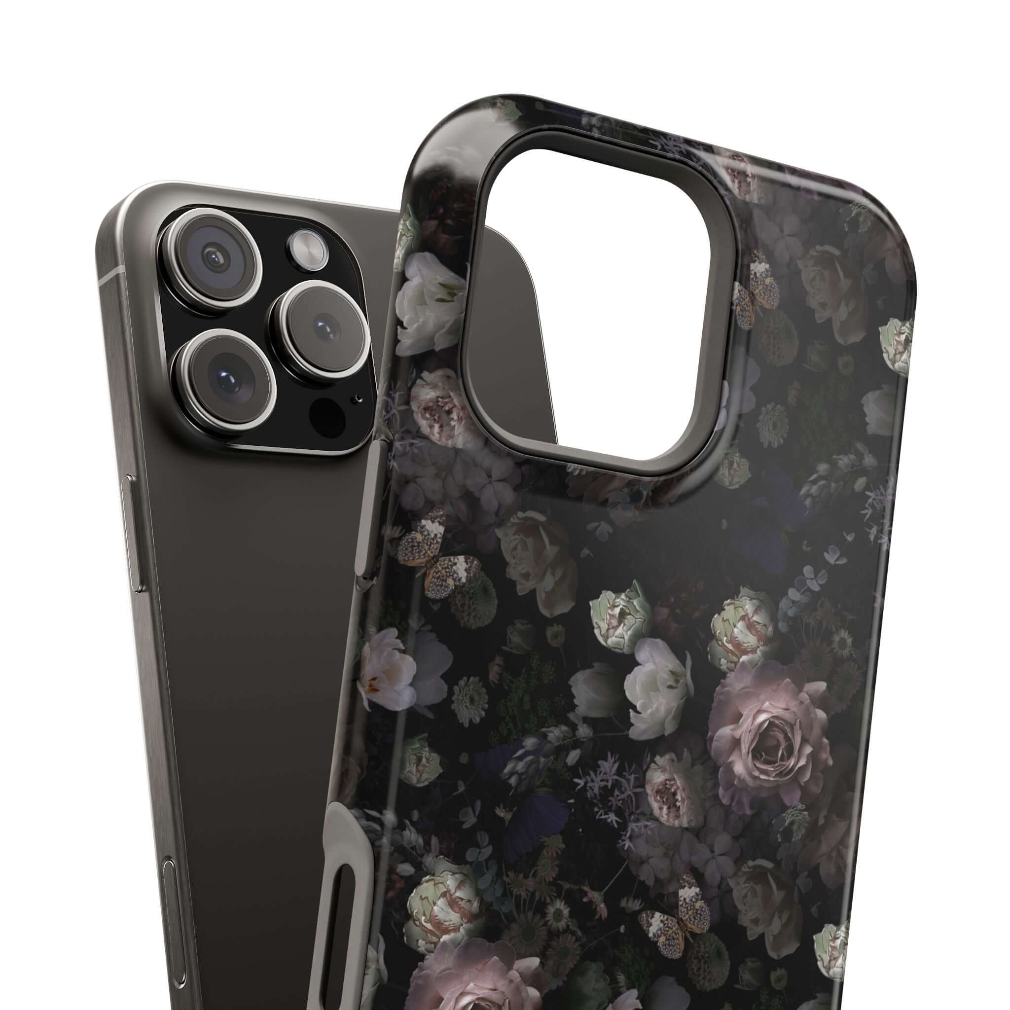 Midnight Curse MagSafe iPhone Case with Black Floral Design, Cute and Trendy Phone Cover for Style and Protection