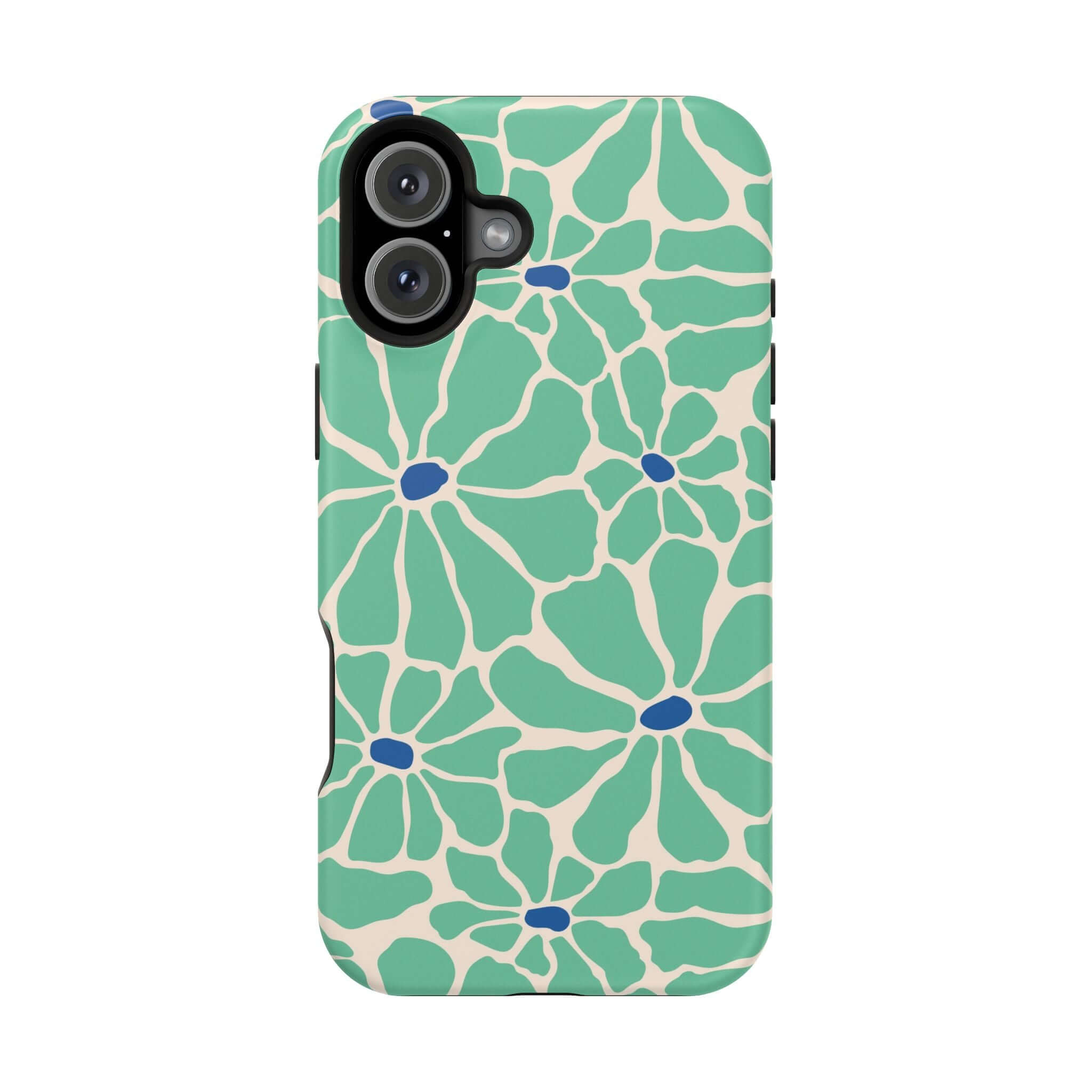 Retro floral phone case in green and blue, perfect cute phone cover for Apple iPhone with MagSafe technology.