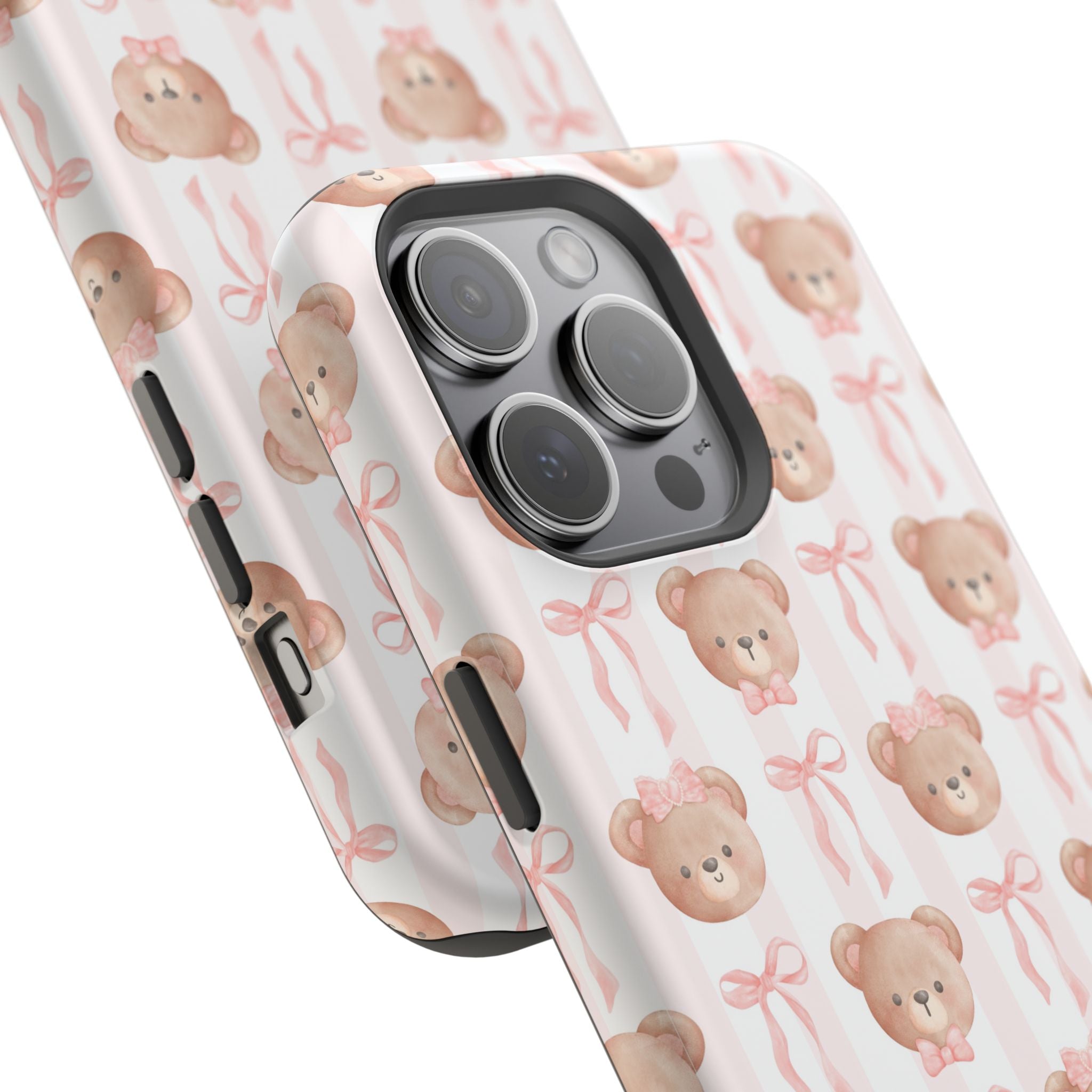 Cute phone case with adorable bear design and pink bows, perfect for adding a playful touch to your accessories.