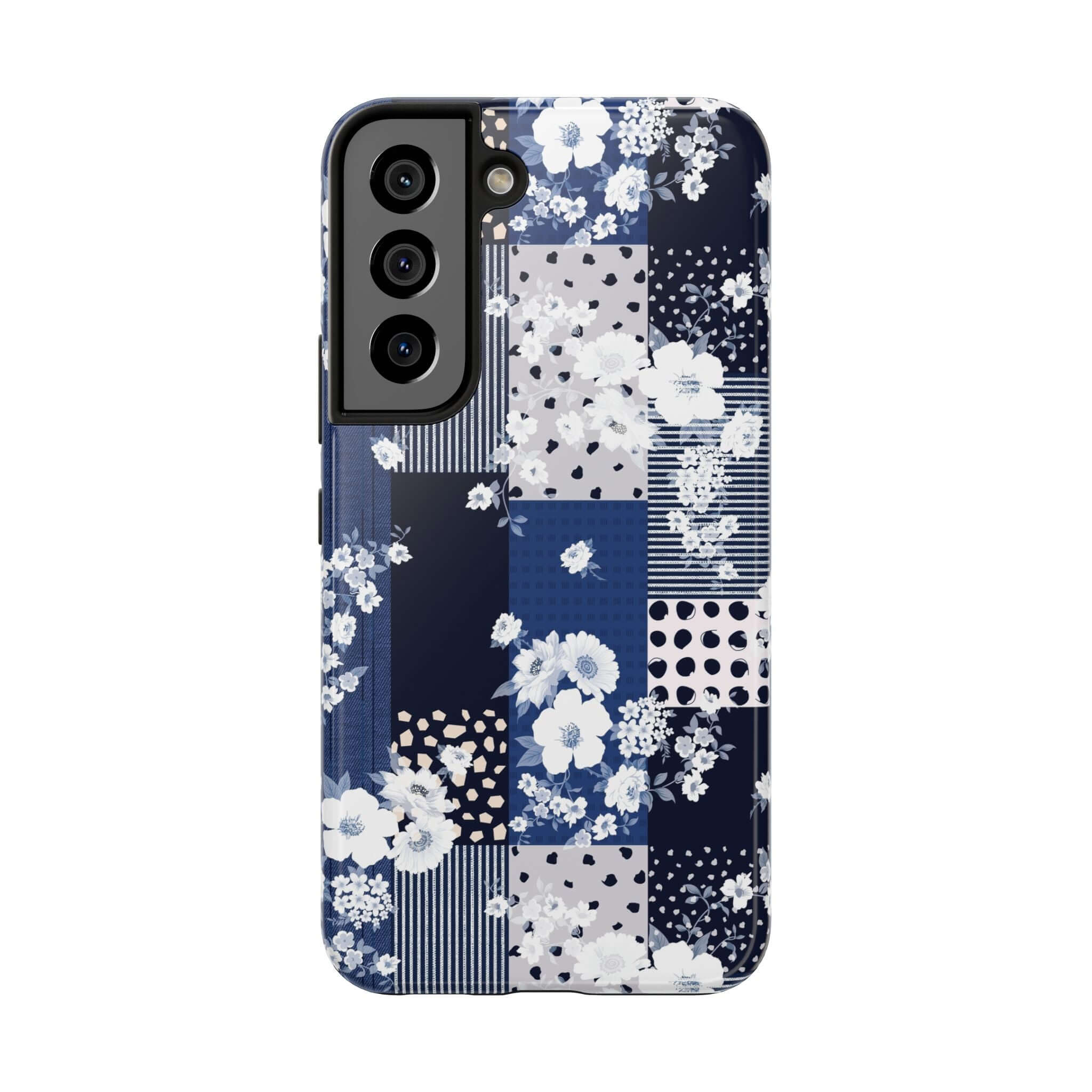 Sorority Book Club blue floral patchwork design phone case for iPhone and Samsung, cute and stylish phone cover with flowers.