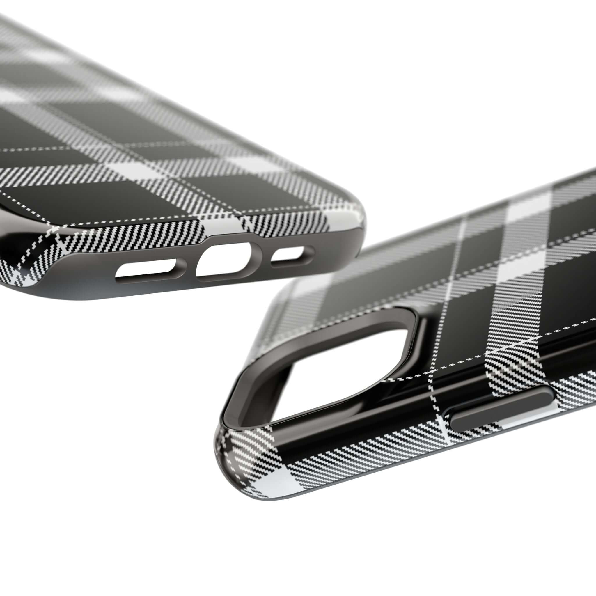 Stylish black plaid phone case designed for iPhone, blending protection with cute, fashionable flair. Perfect for trendy users!