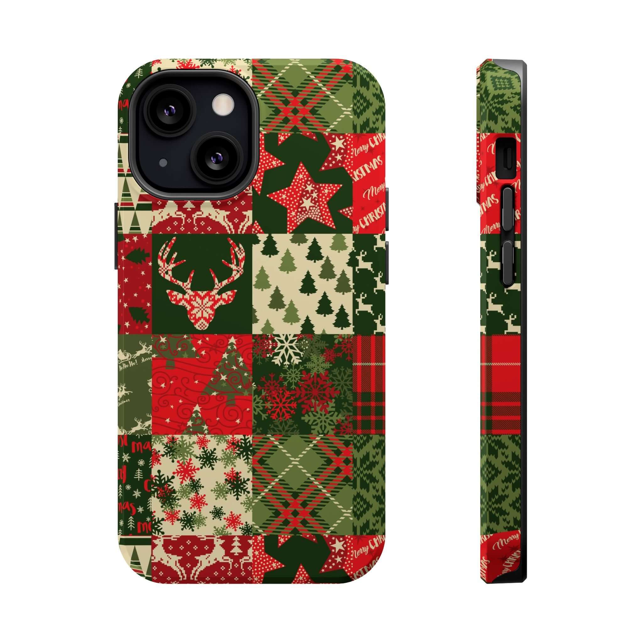 Cozy Quiltmas MagSafe phone case with festive Christmas patchwork design, offering holiday cheer and secure MagSafe attachment.