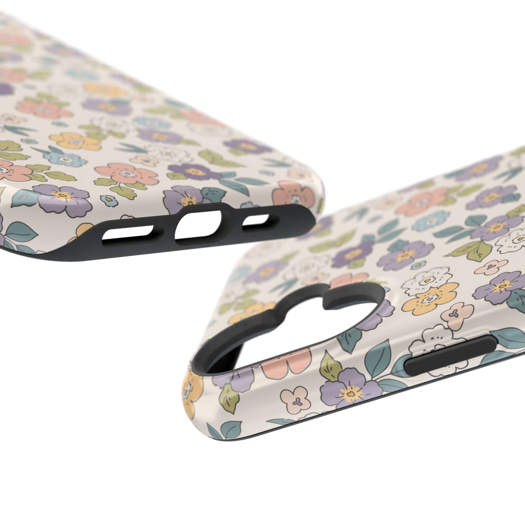 Colorful Ditsy Daisies iPhone case showing cute flower design and MagSafe compatibility, perfect for stylish phone users.