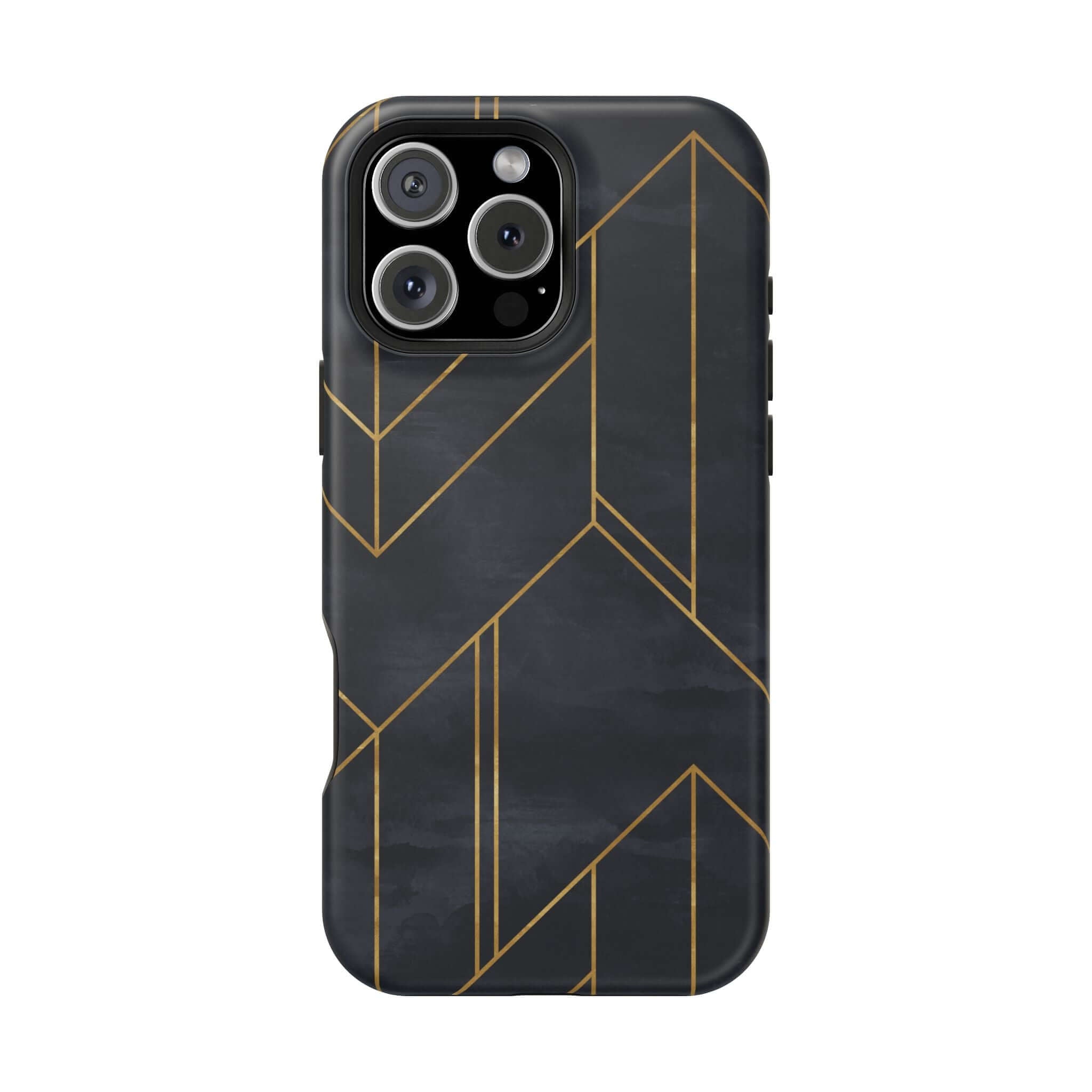 Modern geometric black iPhone case with gold accents, urban style, colorful abstract pattern, cute phone protection accessory.