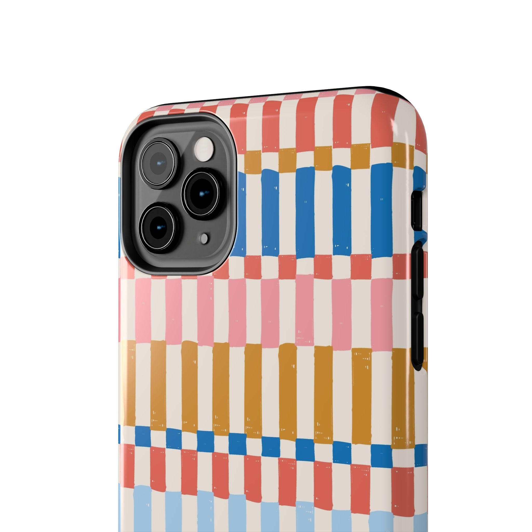 Vintage Colorwave Stripes iPhone Case with vibrant red, blue, and yellow stripes. Cute, sleek, and stylish iPhone case cover for protection.