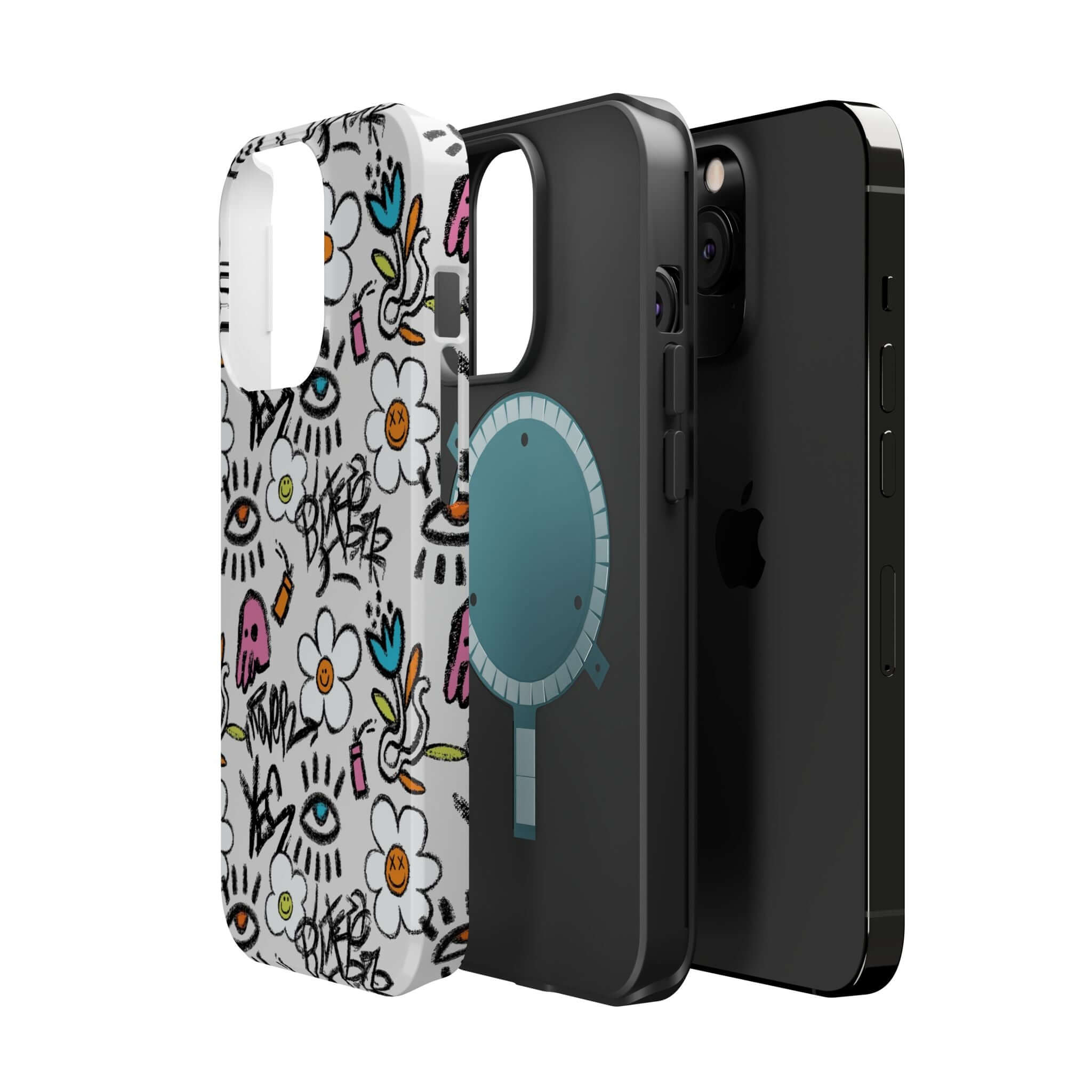 Colorful Happy Chaos Floral Graffiti Case, stylish and cute phone cover for iPhone with MagSafe technology.