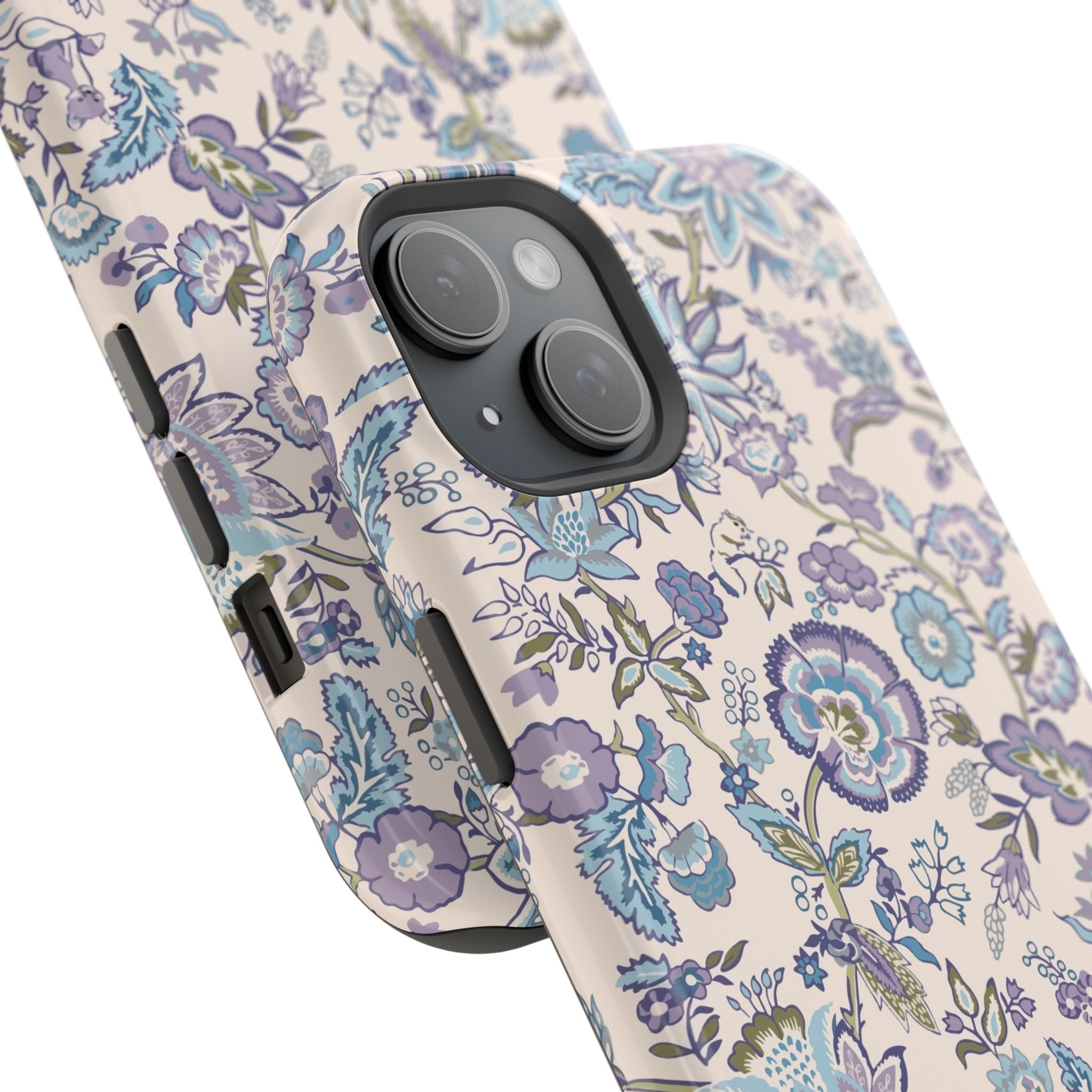 Blue floral CottageCore MagSafe iPhone case with whimsical design, perfect cute phone cover for nature lovers.