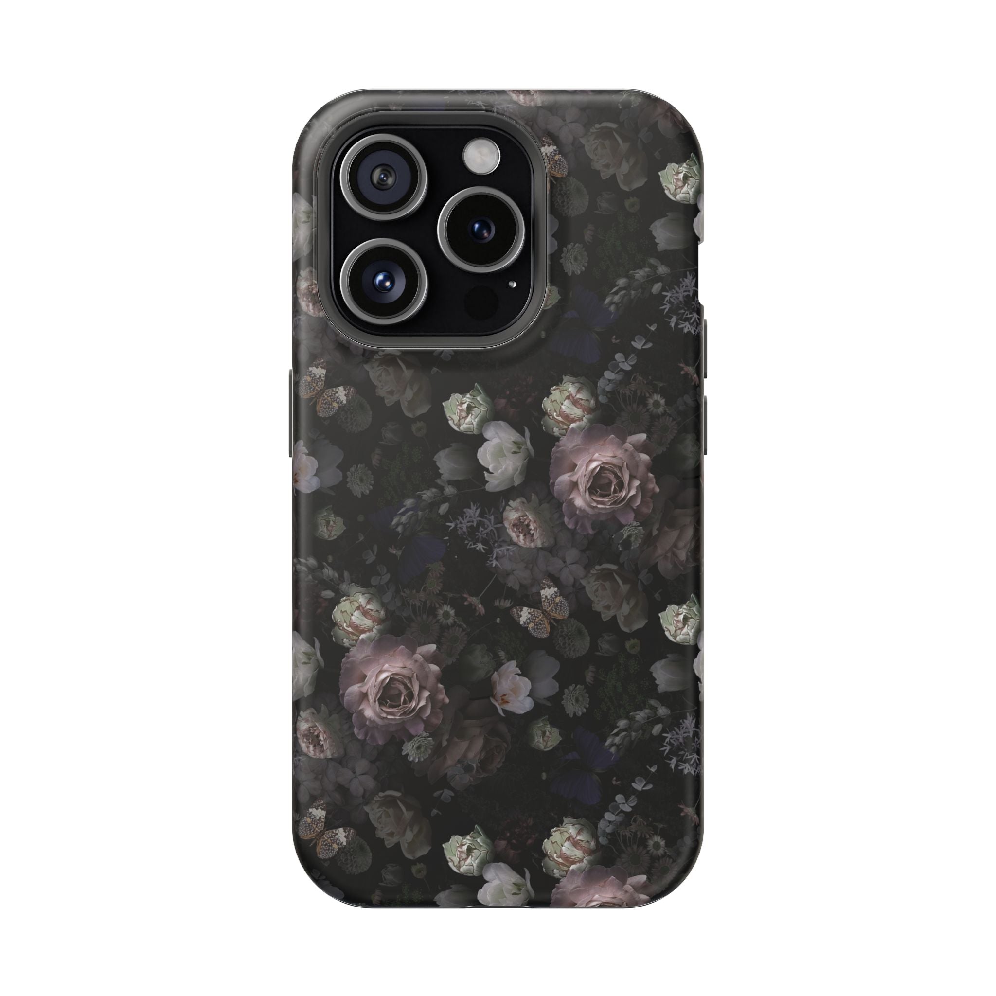 Midnight Curse Black Floral MagSafe iPhone Case, cute phone cover with dark roses, stylish floral iPhone protection.