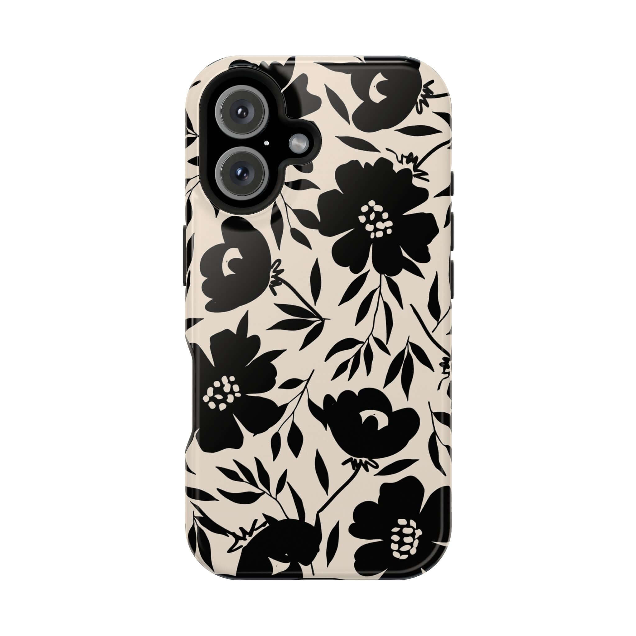 Cute black floral iPhone 16 case with bold design, Eclipse Garden style.