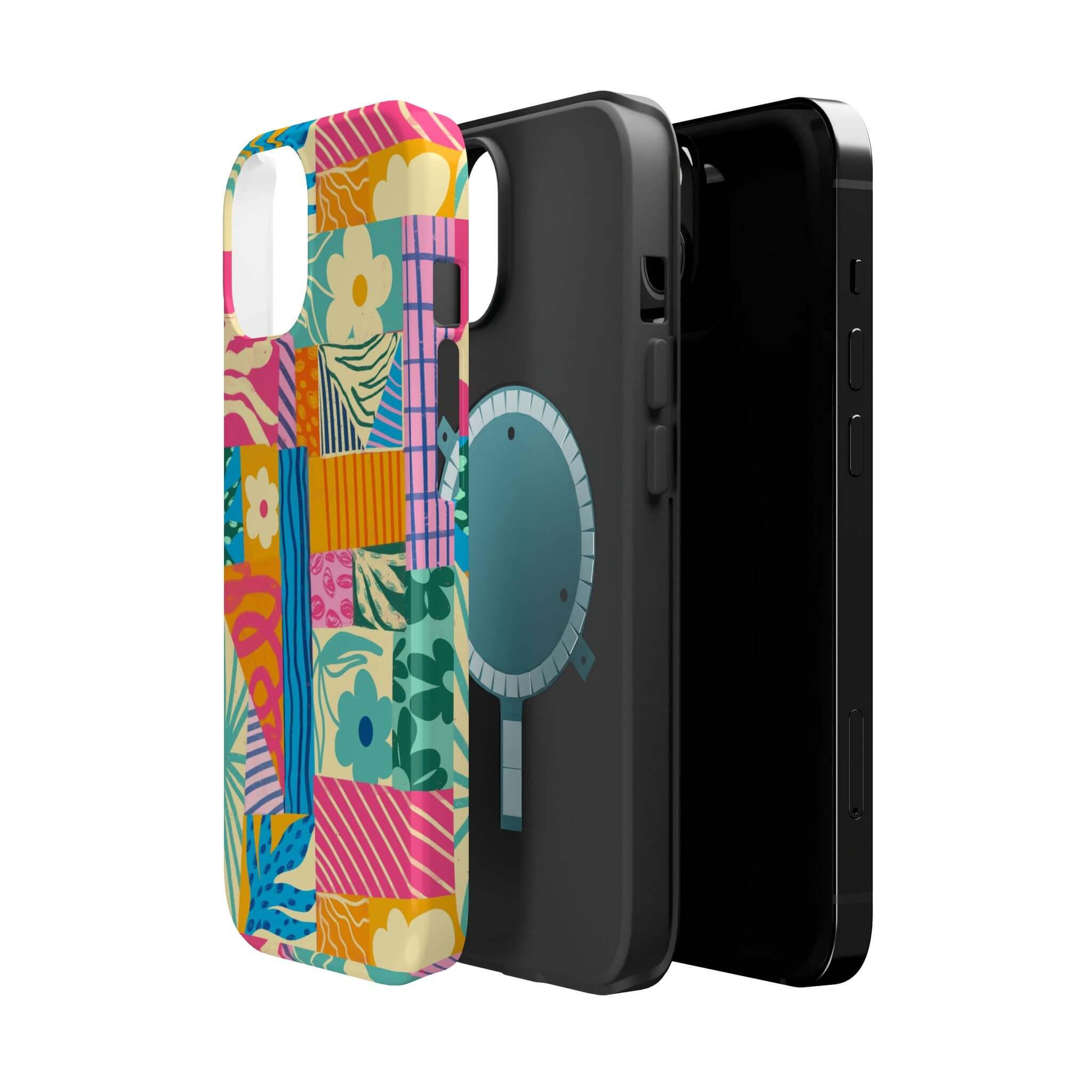 Cute Sunny Tides colorful patchwork iPhone 16 case for beach lovers, showcasing vibrant designs for a fun, playful style.