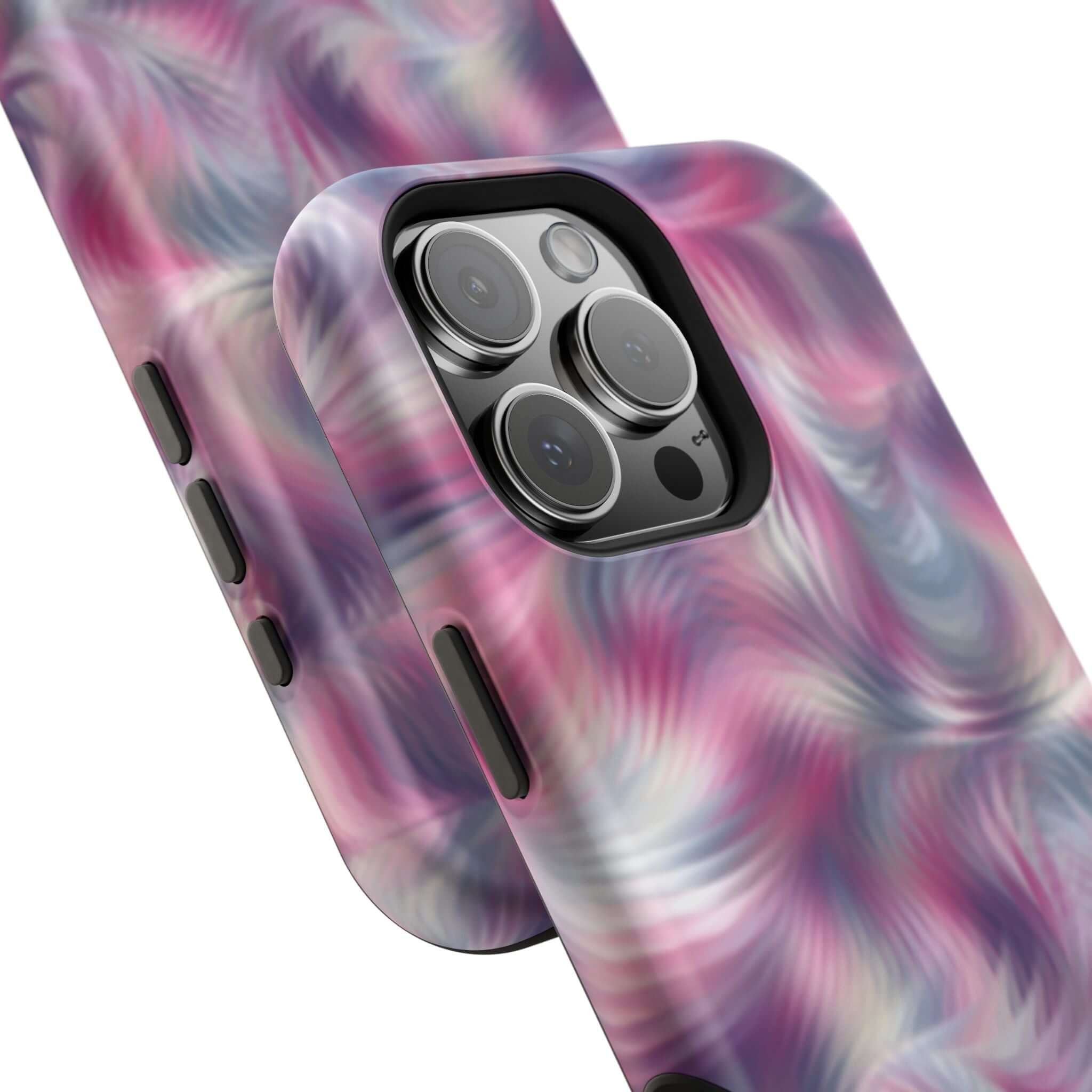 Purple abstract MagSafe iPhone case with swirl design, a cute and quirky phone cover resembling a floral pattern.