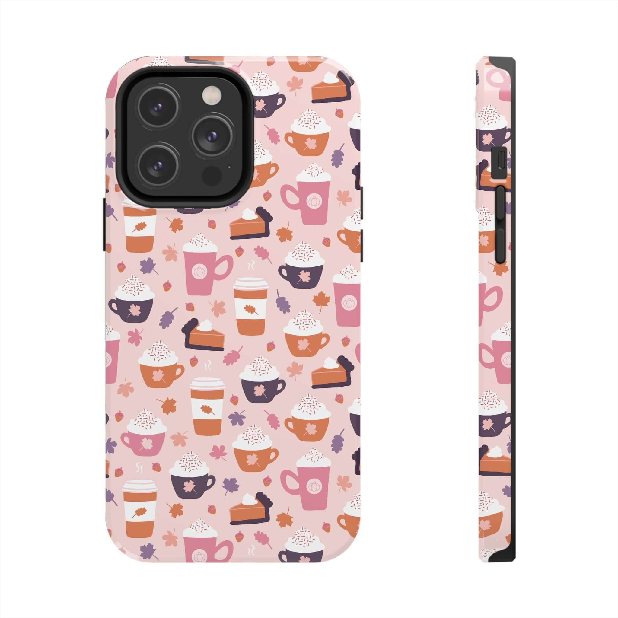 Cute PSL Vibes iPhone 15 case with fall-themed pumpkin spice latte and pie pattern