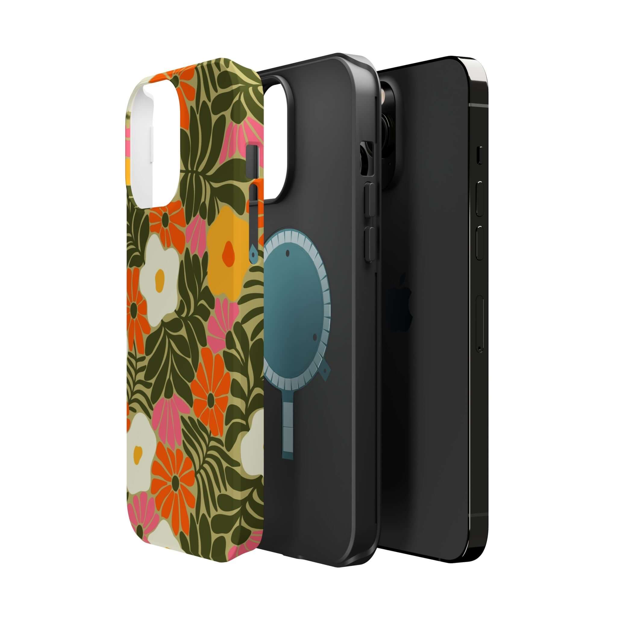 Retro beach vibes phone case with colorful floral design and MagSafe compatibility for Apple iPhone. Perfect cute cover!