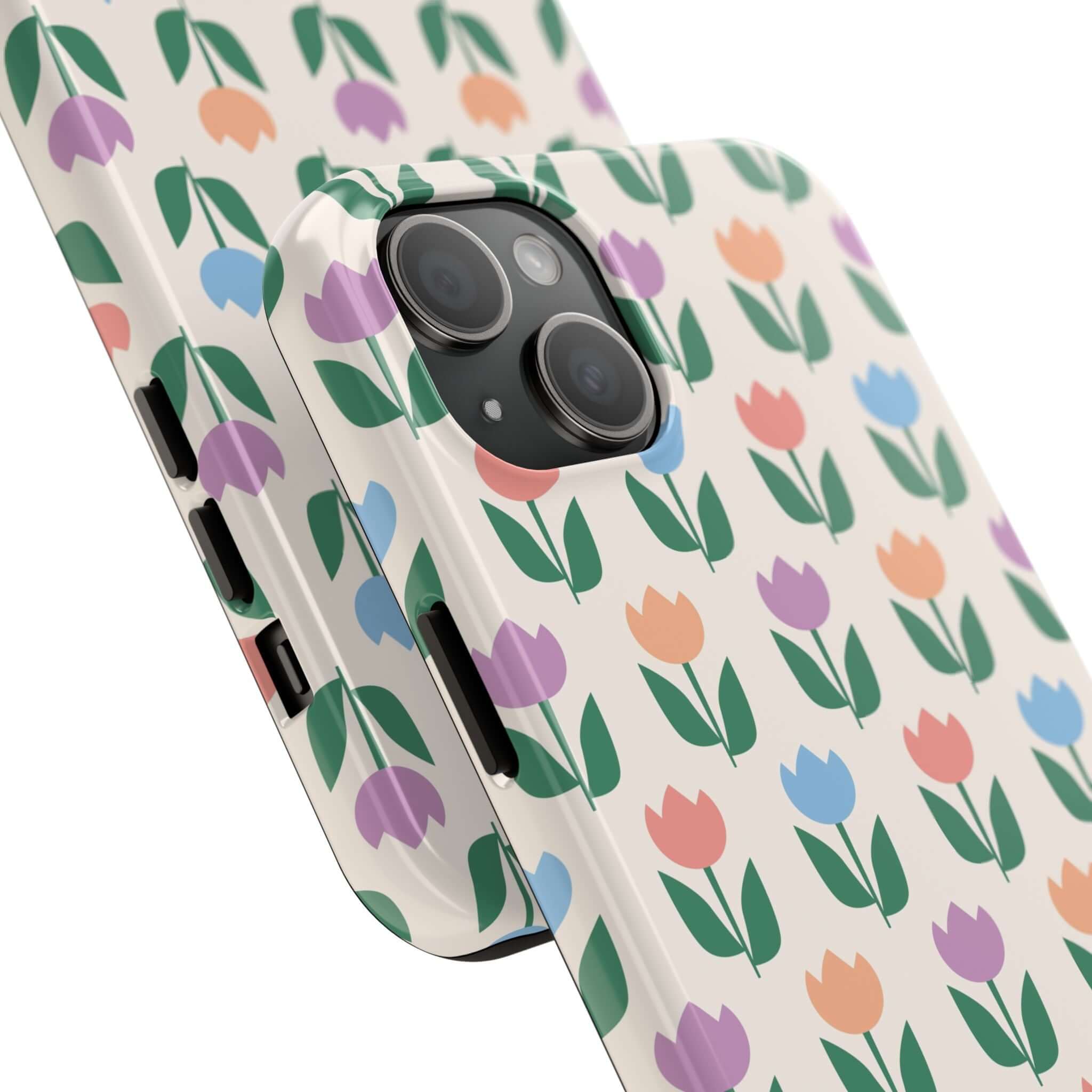 iPhone 14 Pro Max with Stroll through Amsterdam Tulip Case featuring colorful flower design.